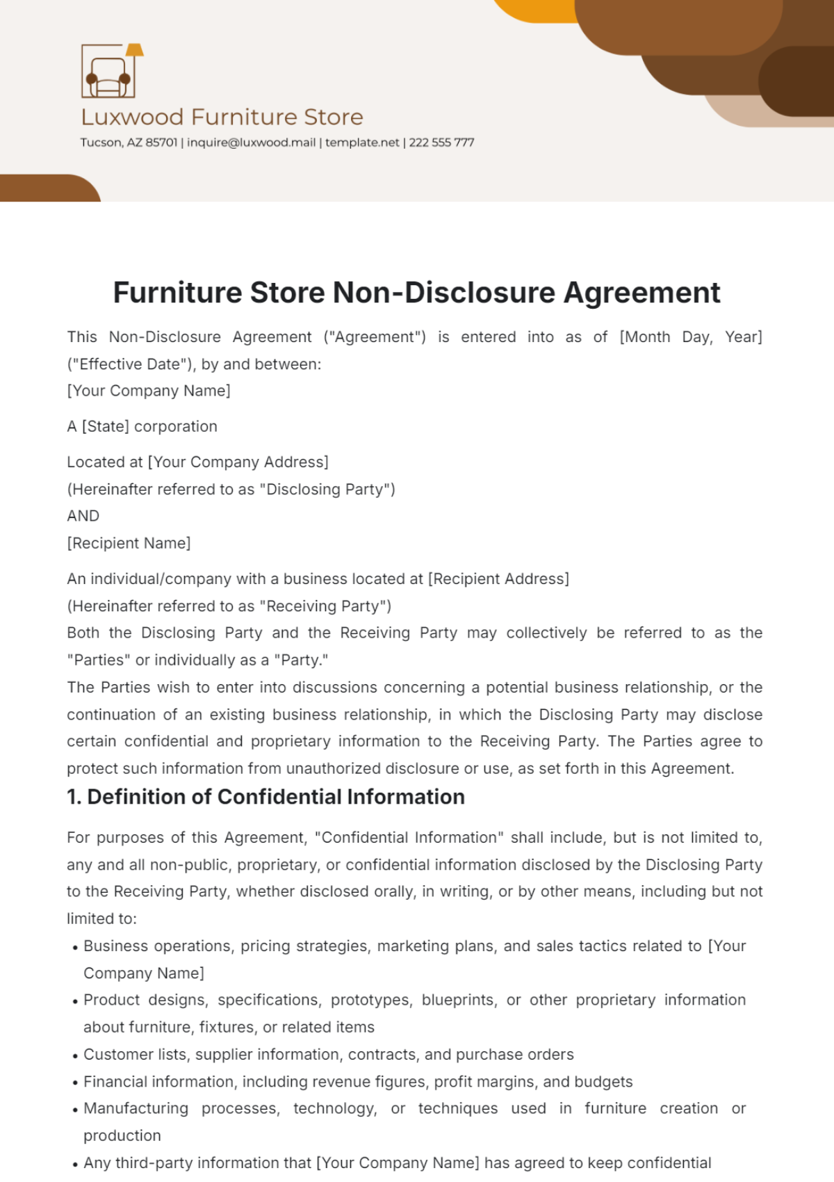 Furniture Store Non-Disclosure Agreement Template