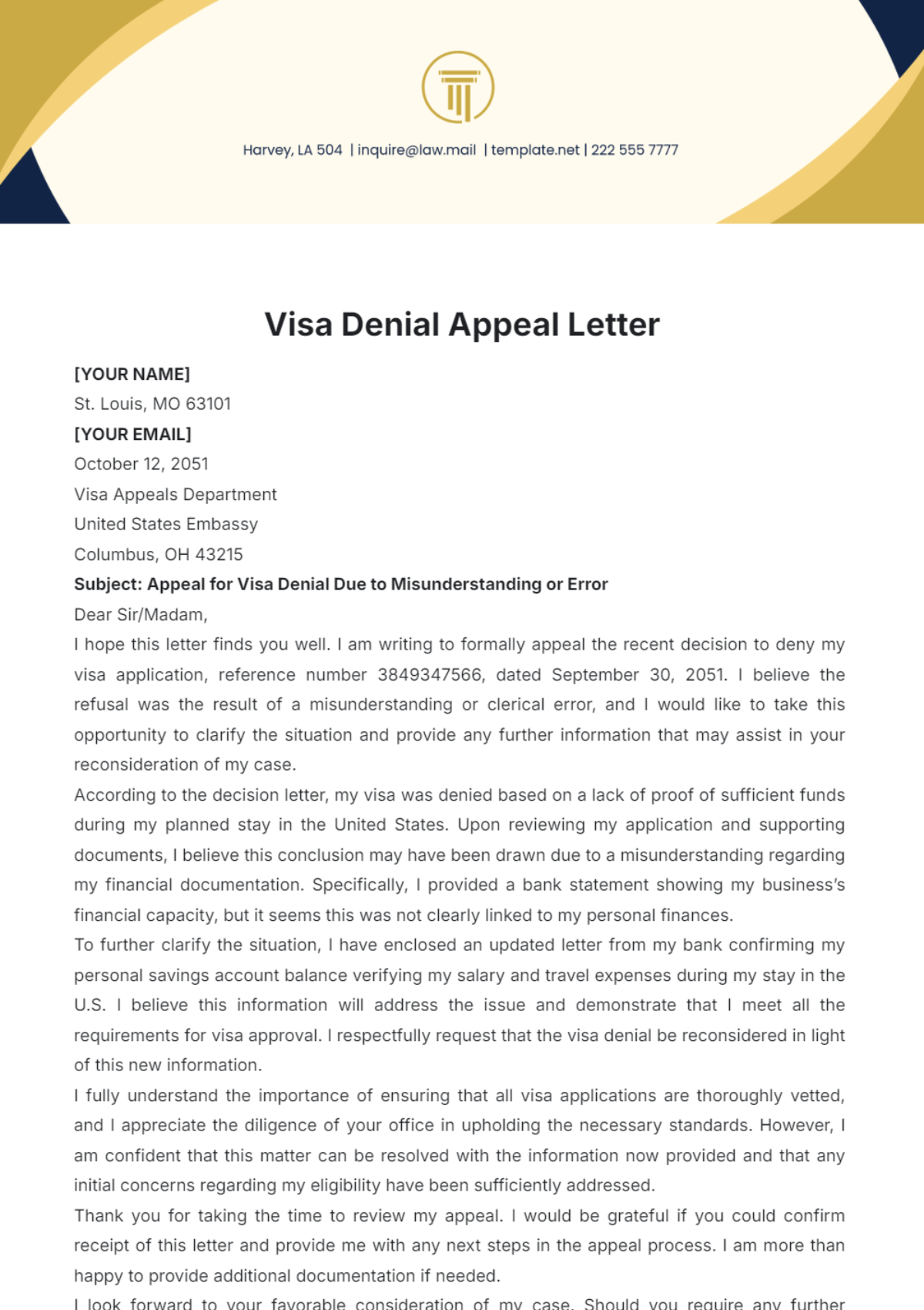 Visa Denial Appeal Letter Template - Edit Online & Download