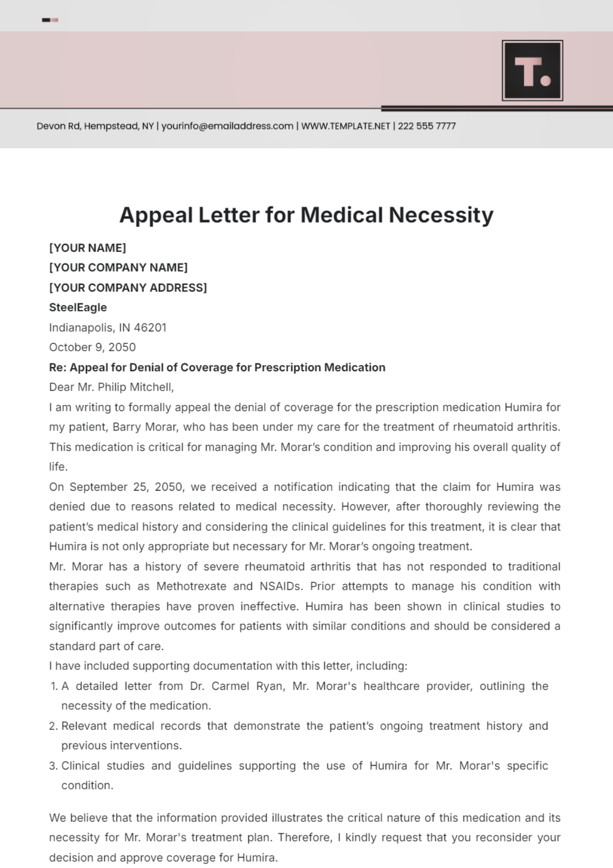 Free Appeal Letter for Medical Necessity Template