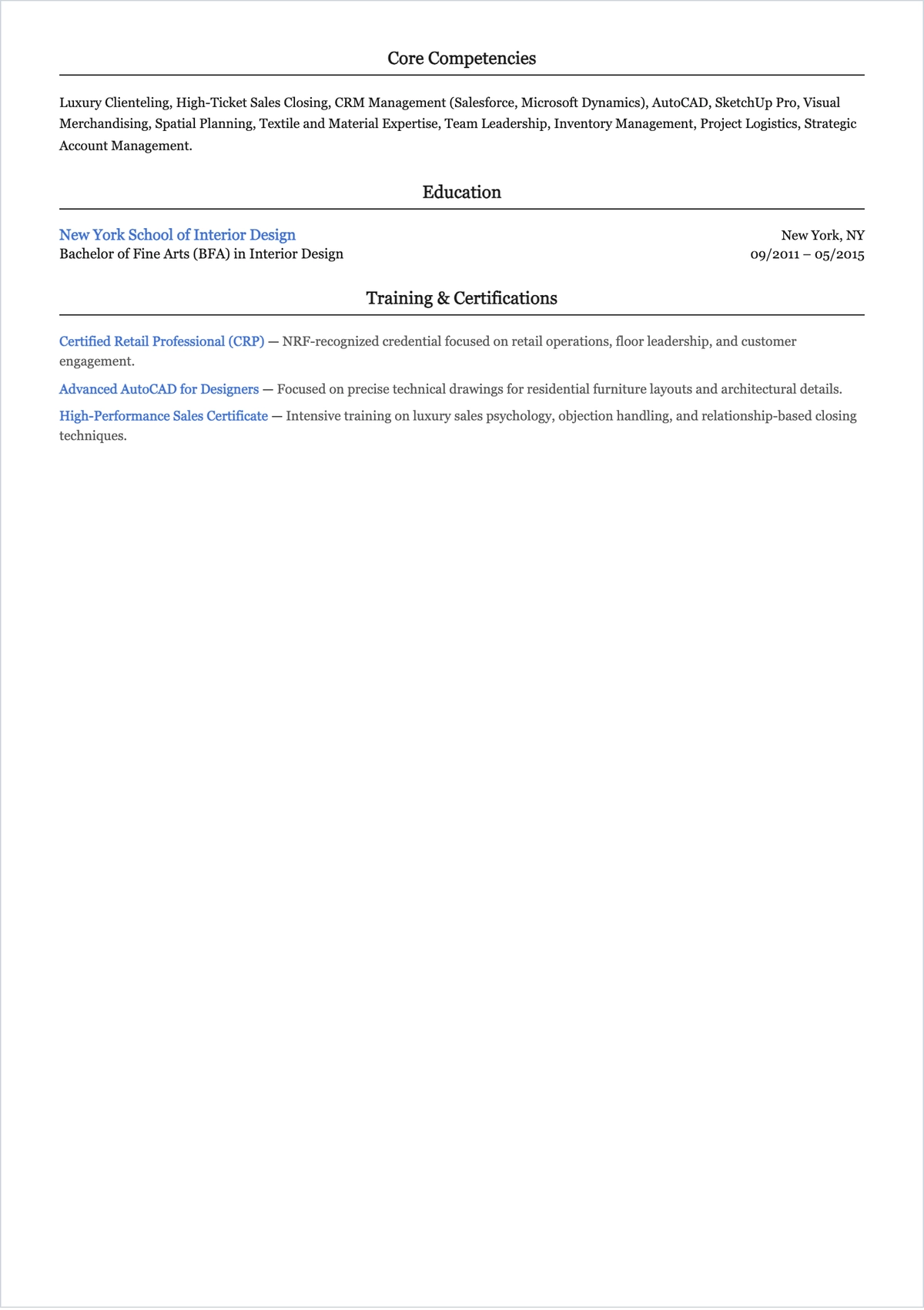 Free Furniture Store ATS Resume Template, AI Resume Builder