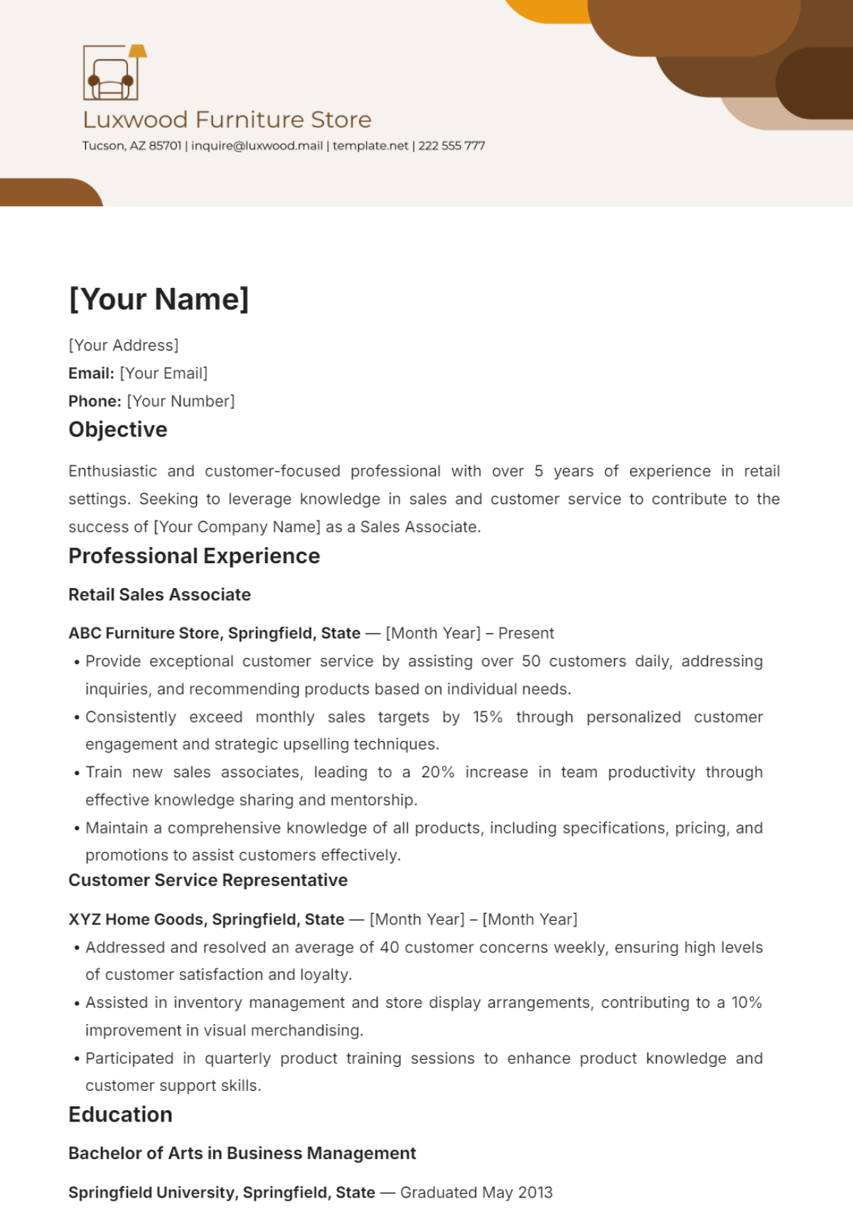 Furniture Store Resume Template