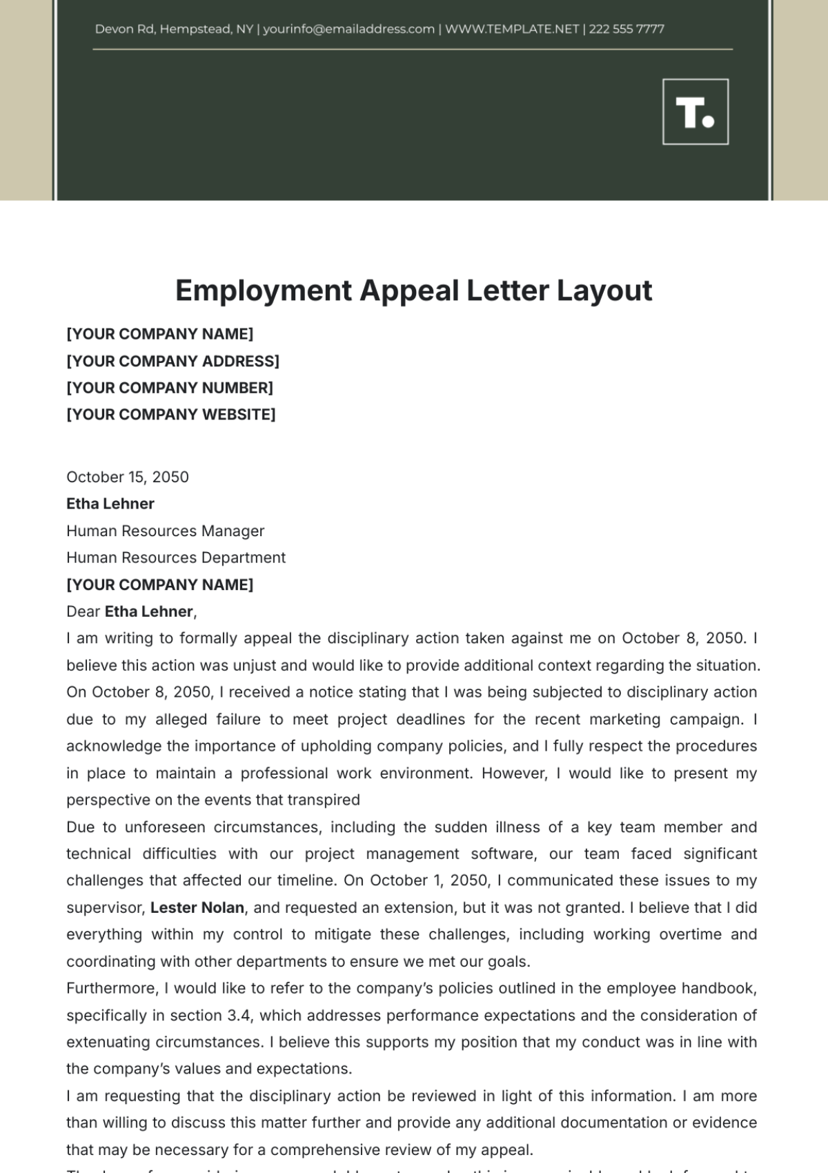 Employment Appeal Letter Layout Template - Edit Online & Download