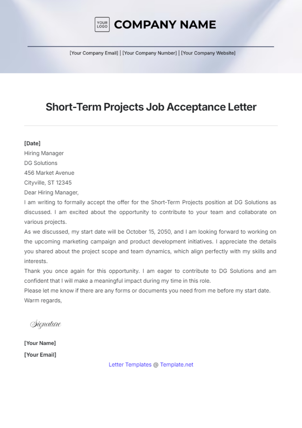 Short-Term Projects Job Acceptance Letter Template - Edit Online & Download