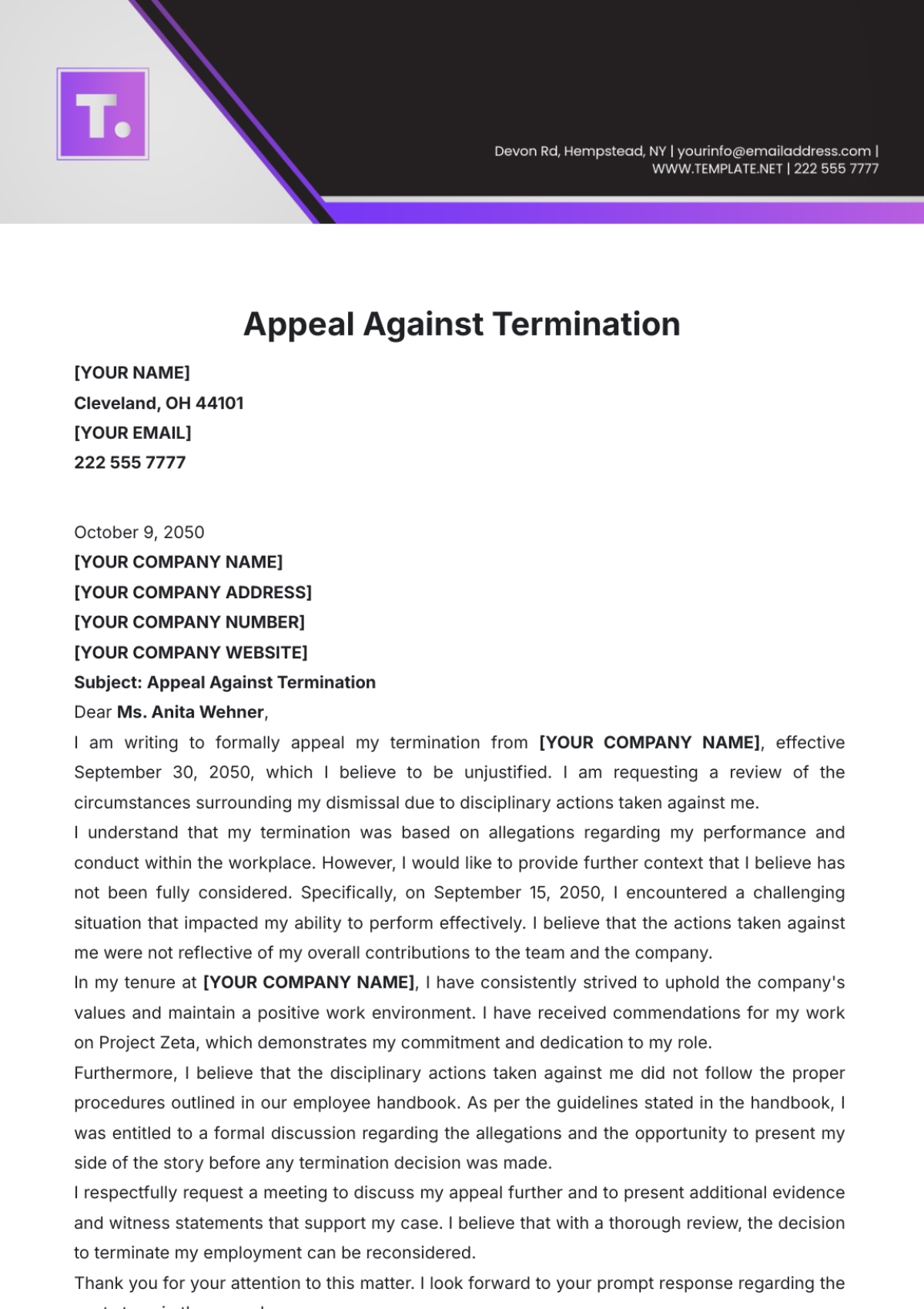 Appeal Against Termination Template - Edit Online & Download