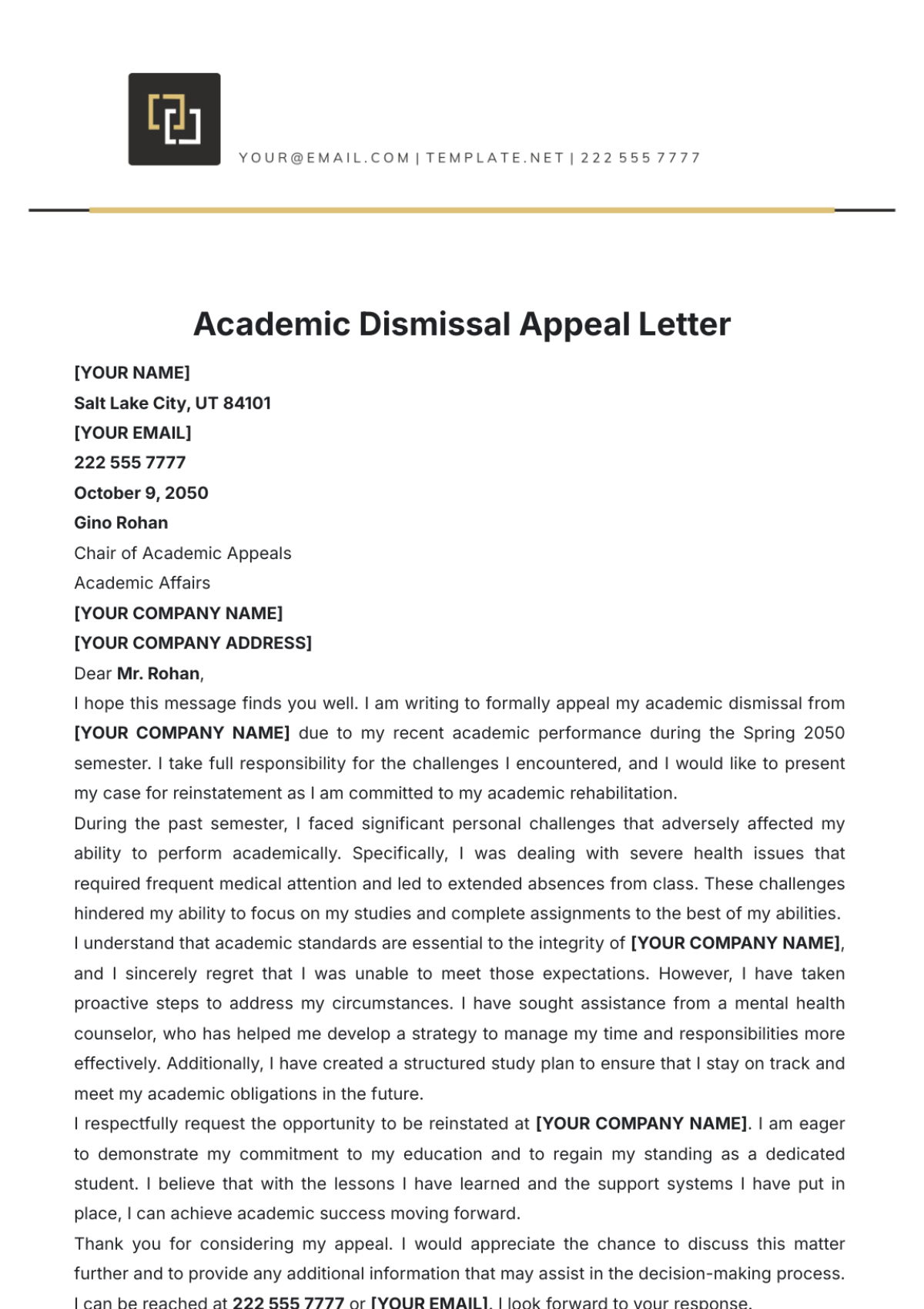 Academic Dismissal Appeal Letter Template - Edit Online & Download