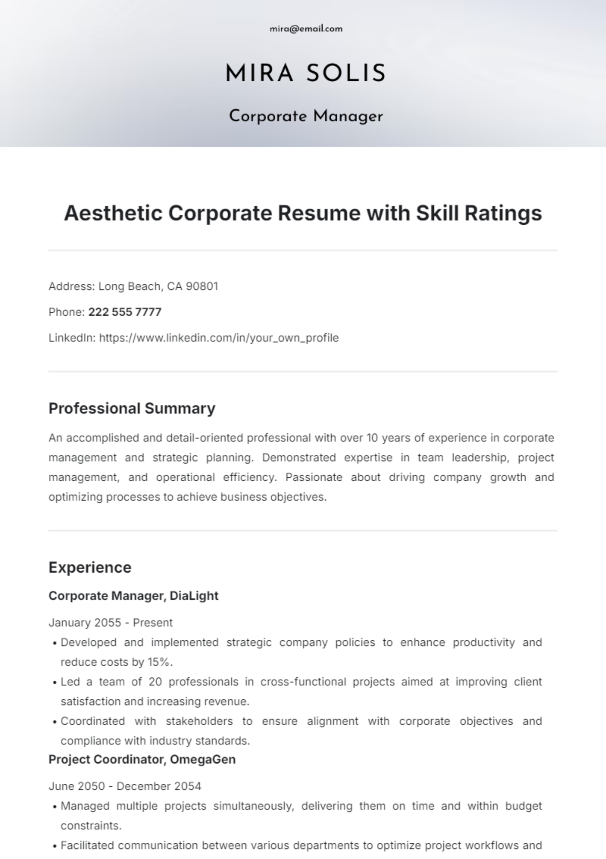 Aesthetic Corporate Resume with Skill Ratings Template - Edit Online & Download