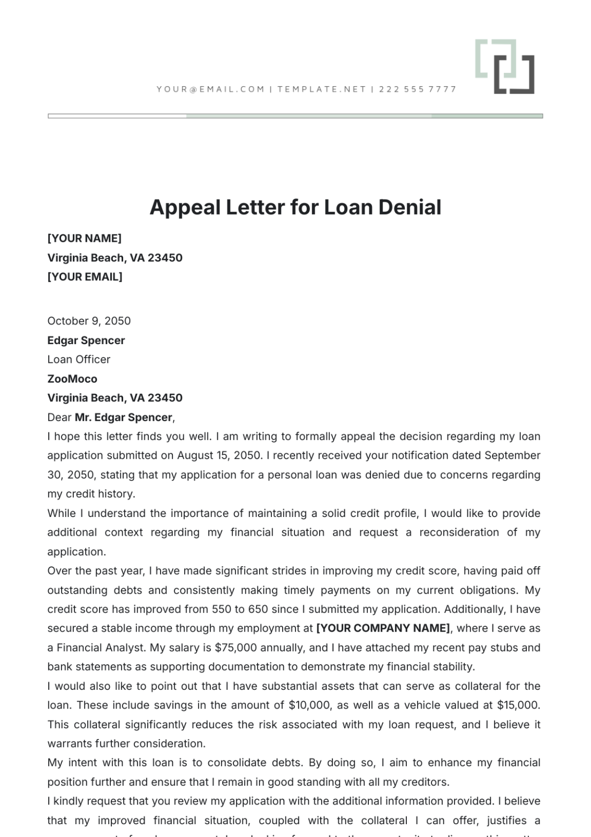 Appeal Letter for Loan Denial Template - Edit Online & Download