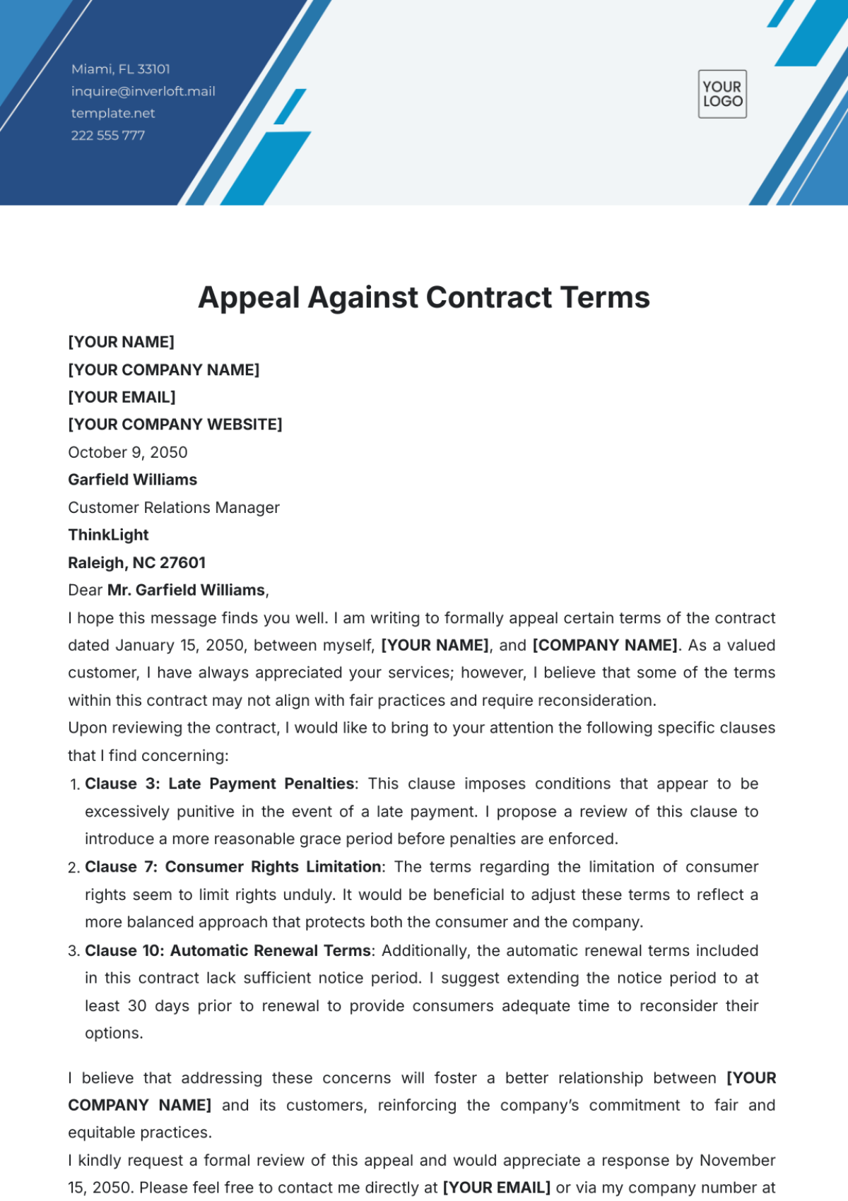 Appeal Against Contract Terms Template - Edit Online & Download