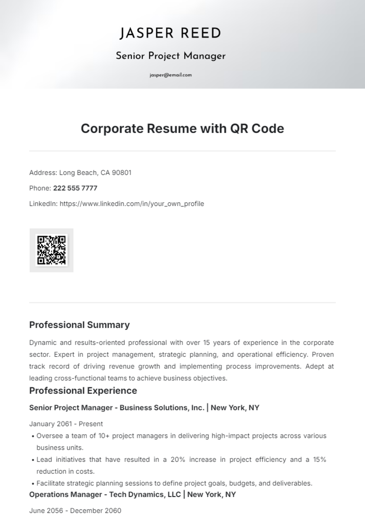 Corporate Resume with QR Code Template - Edit Online & Download