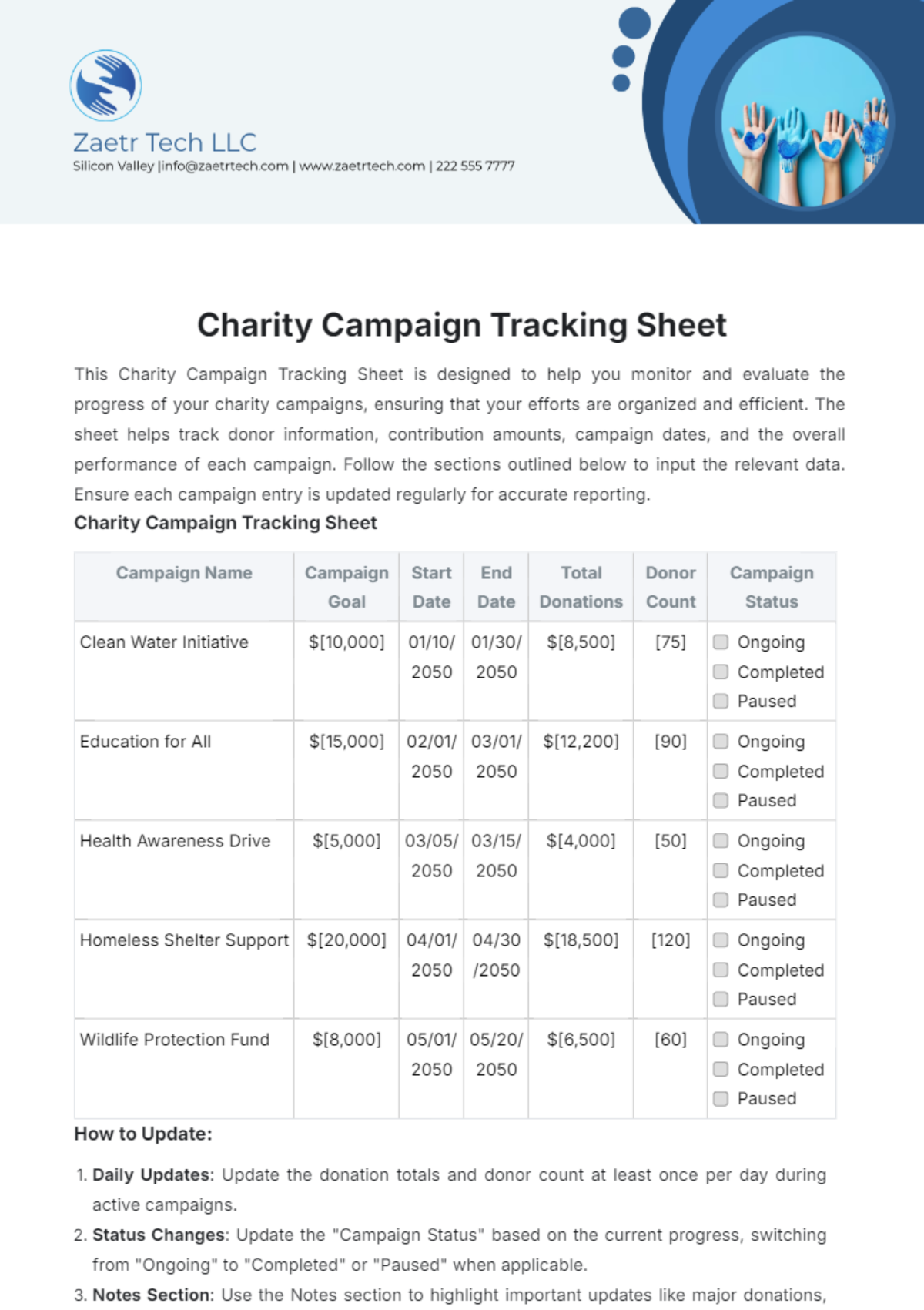 Charity Campaign Tracking Sheet Template - Edit Online & Download