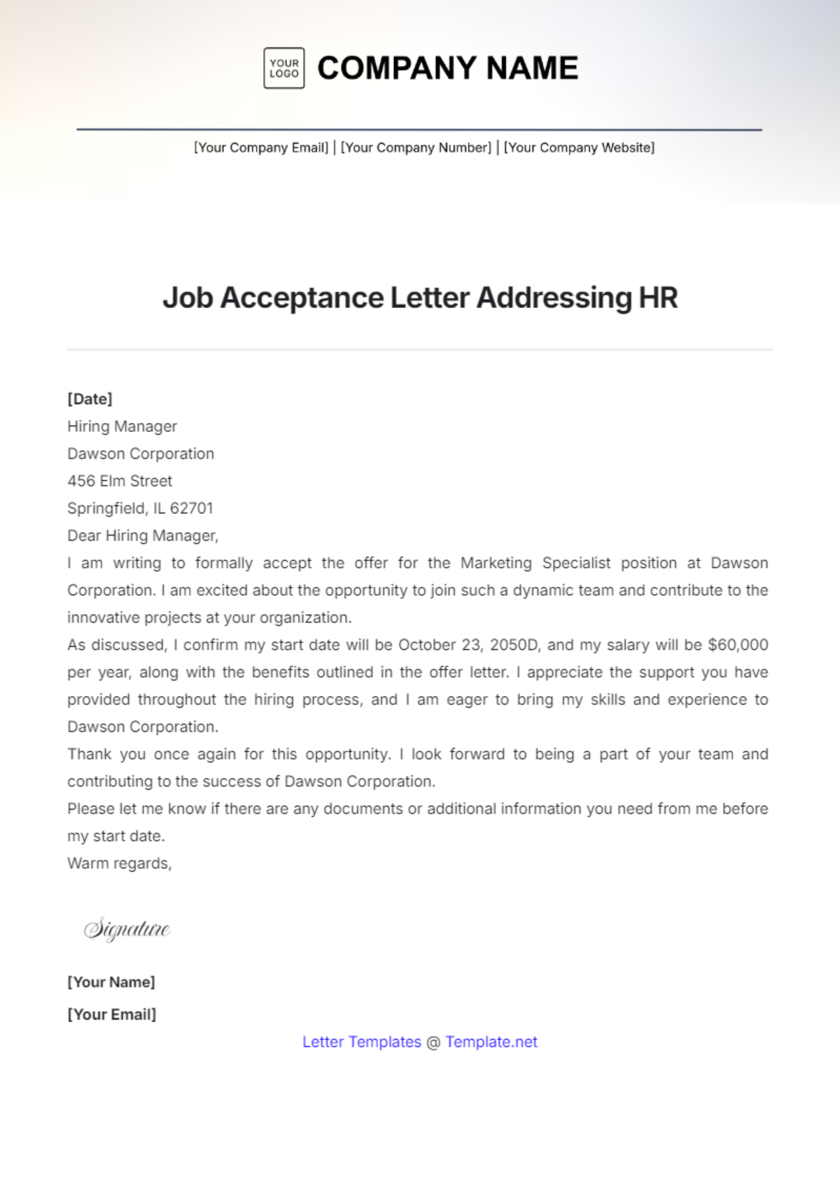 Job Acceptance Letter Addressing HR Template - Edit Online & Download