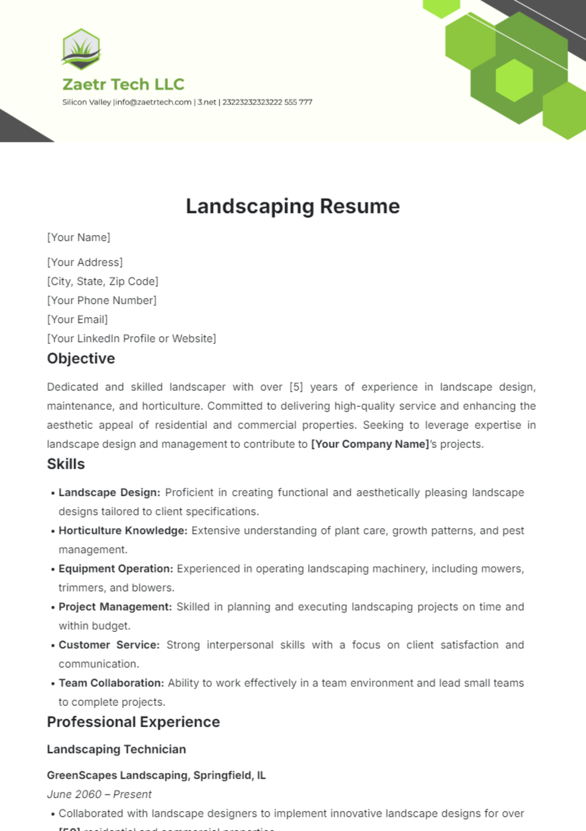 Landscaping Resume Template - Edit Online & Download