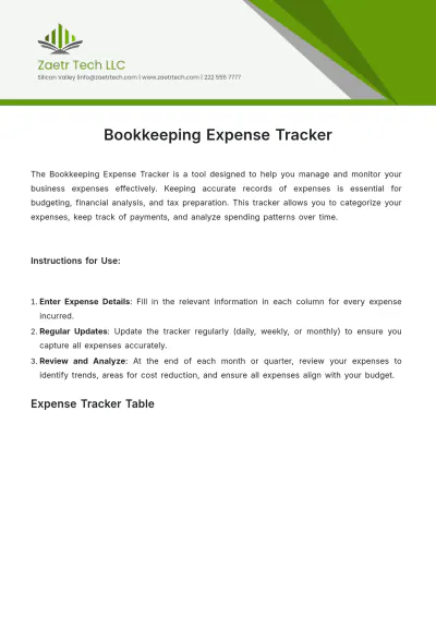 Free Bookkeeping Expense Tracker Template to Edit Online