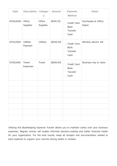 Free Bookkeeping Expense Tracker Template to Edit Online