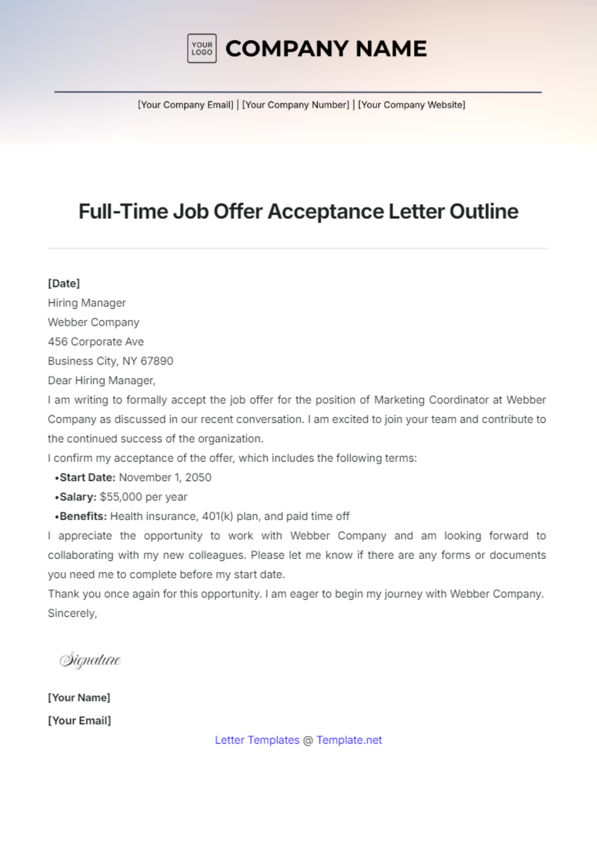 Full-Time Job Offer Acceptance Letter Outline Template - Edit Online & Download