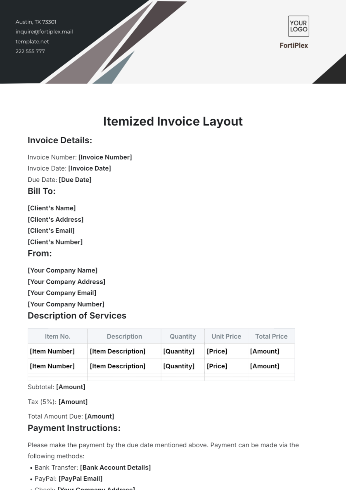 Itemized Invoice Layout Template - Edit Online & Download