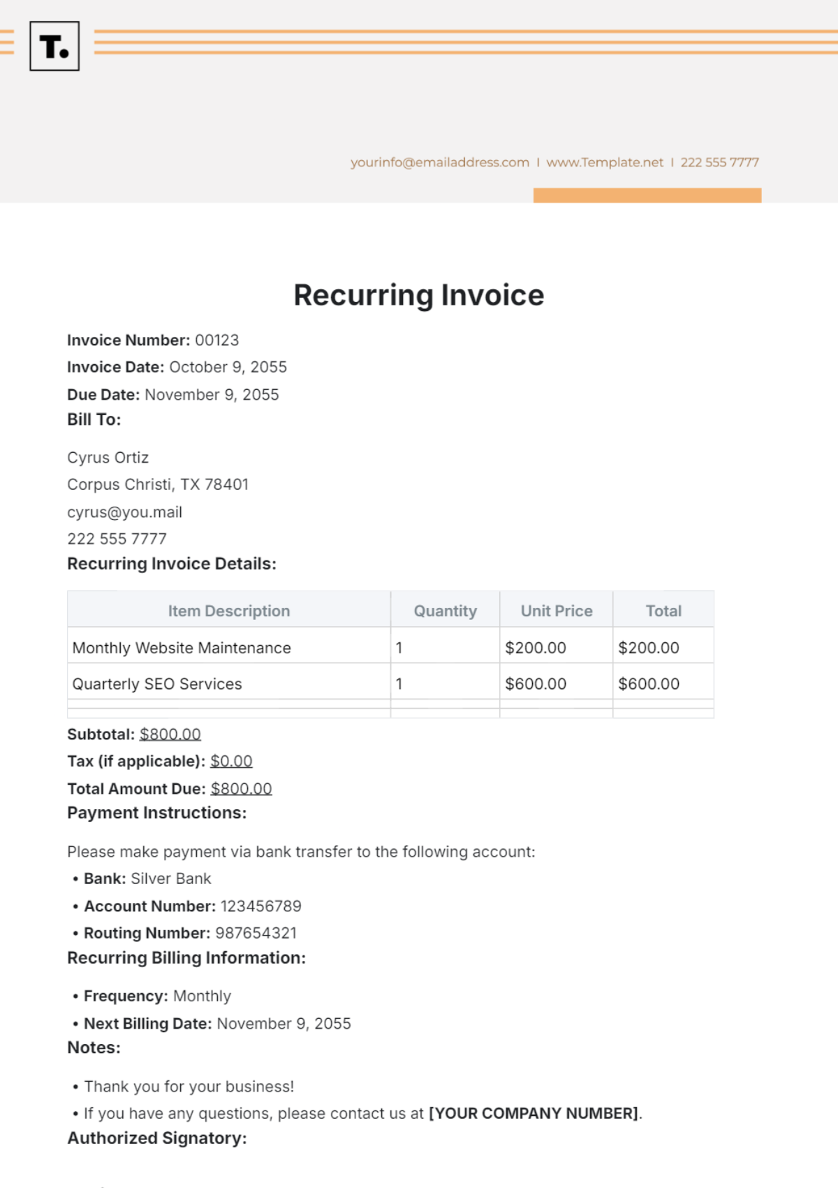 Recurring Invoice Template - Edit Online & Download