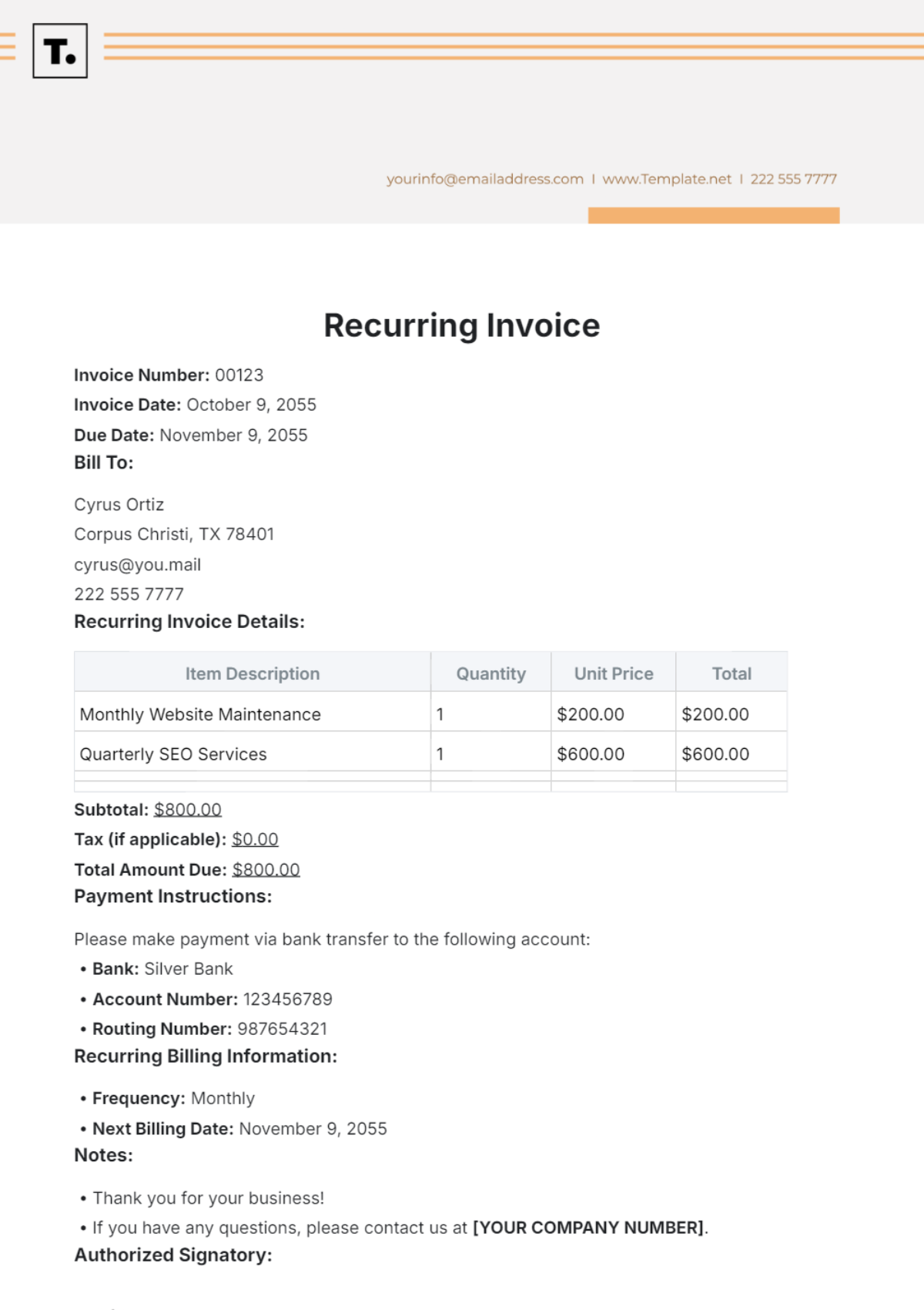 Free Recurring Invoice Template To Edit Online