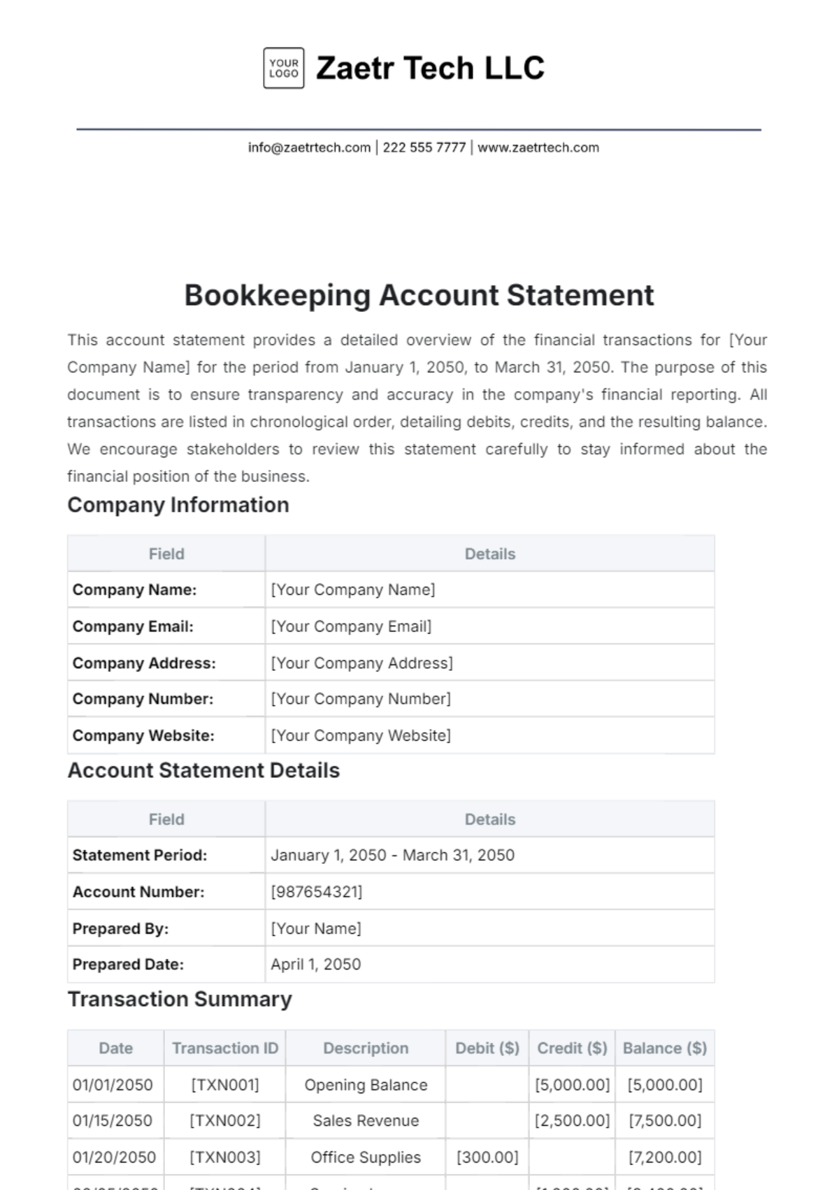 Bookkeeping Account Statement Template - Edit Online & Download