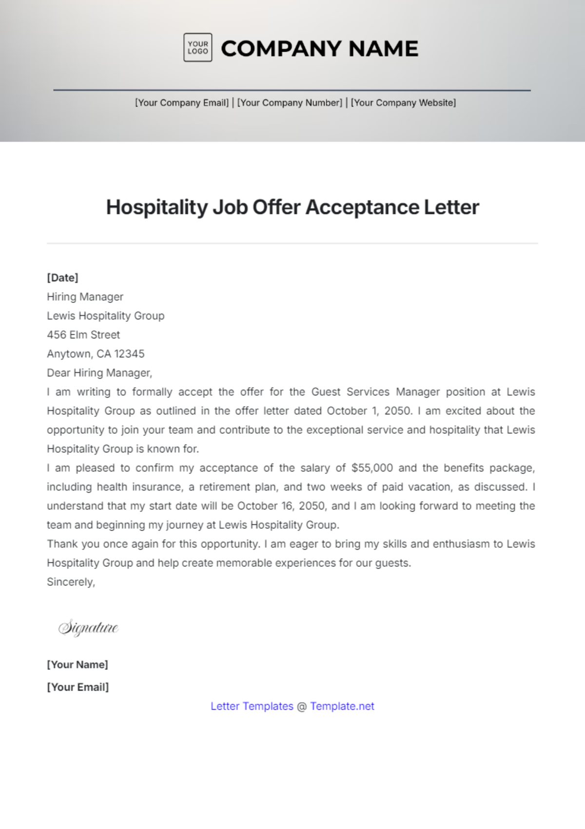 Hospitality Job Offer Acceptance Letter Template - Edit Online & Download