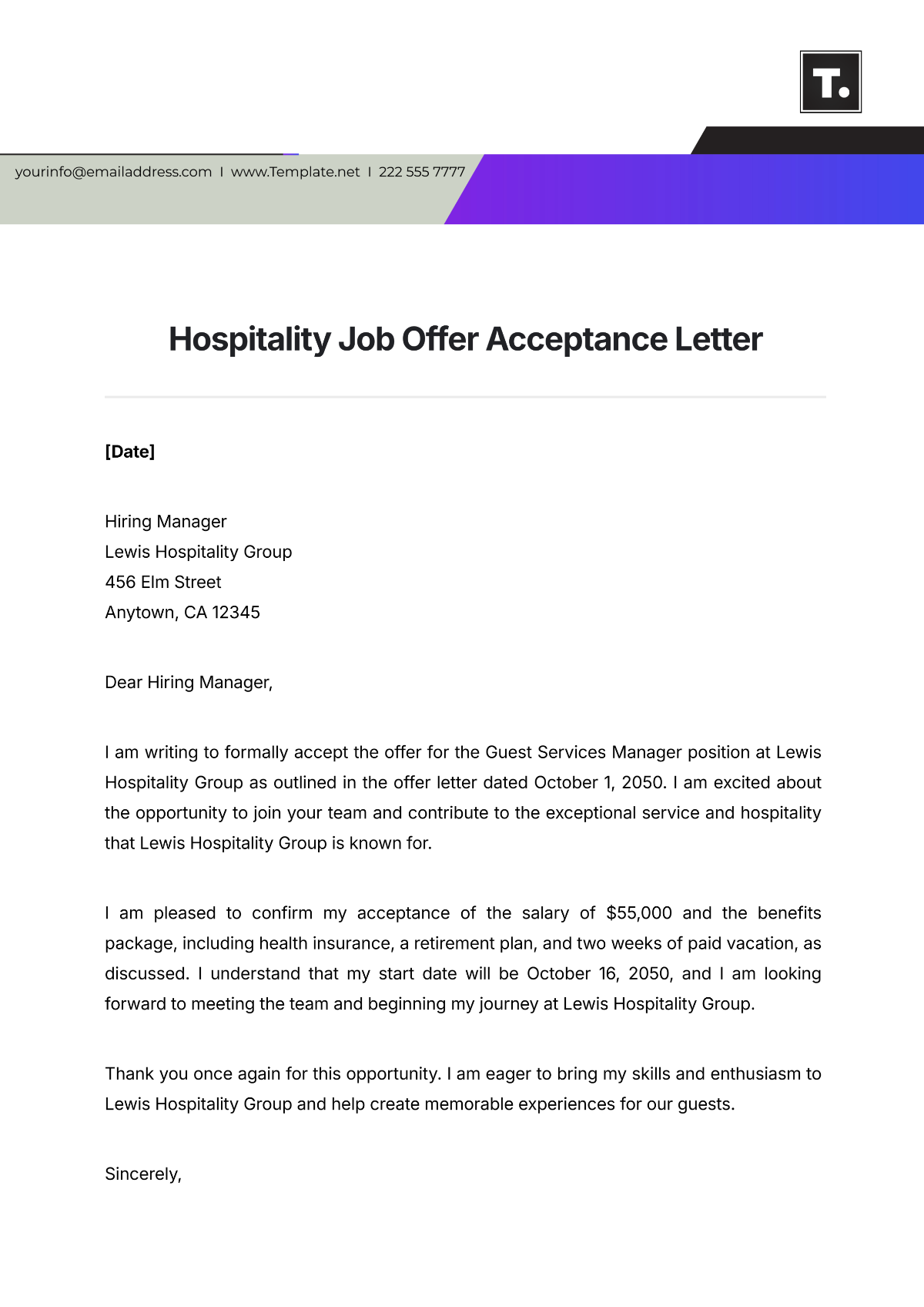 Hospitality Job Offer Acceptance Template - Edit Online & Download