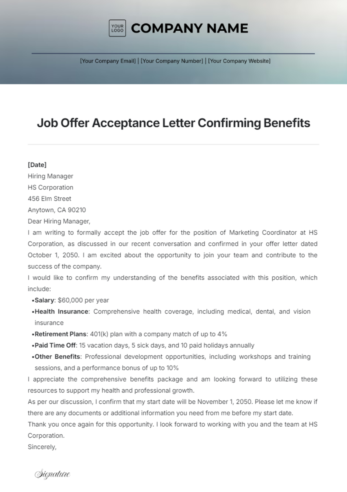 Job Offer Acceptance Letter Confirming Benefits Template - Edit Online & Download