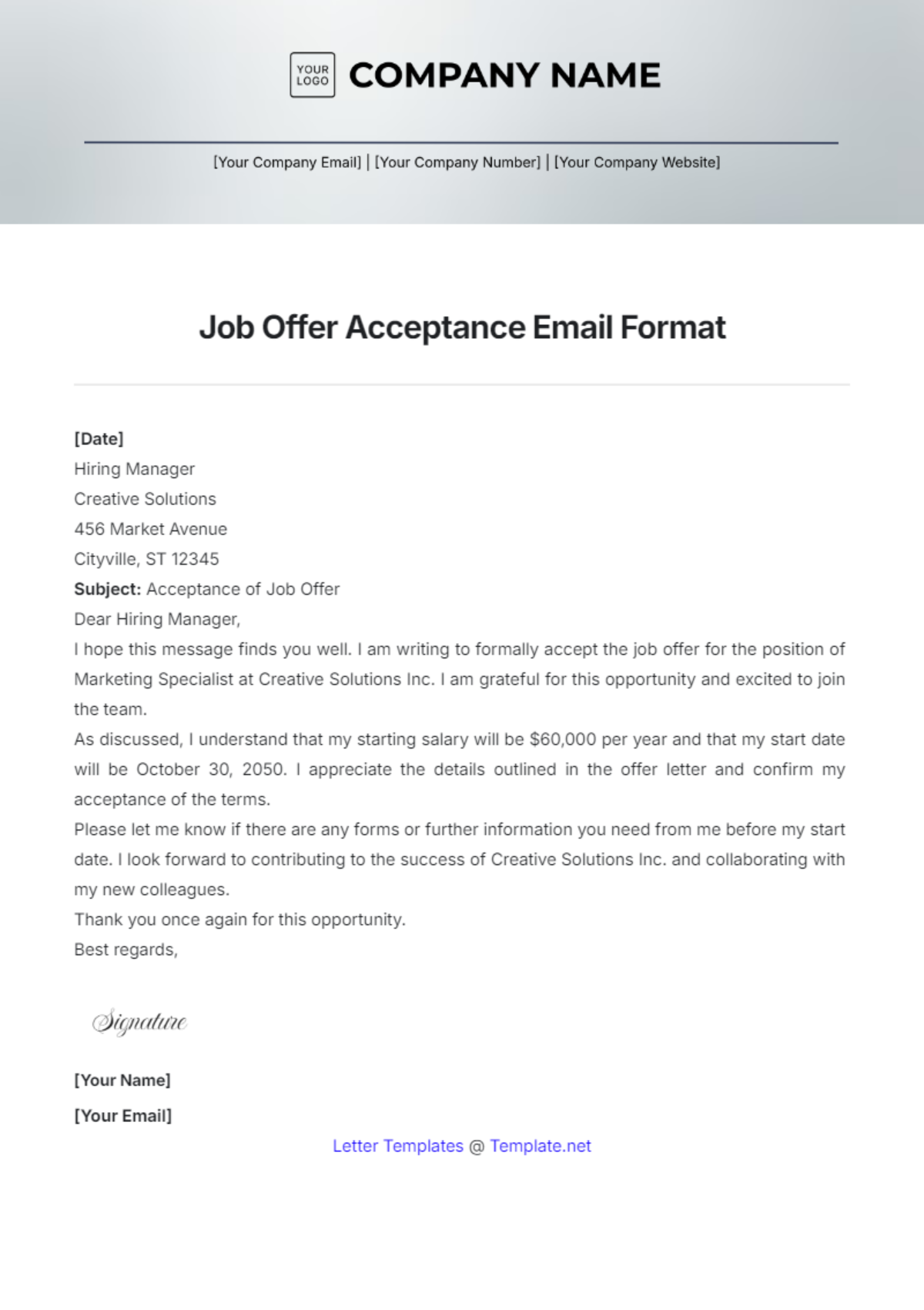 Job Offer Acceptance Email Format Template - Edit Online & Download