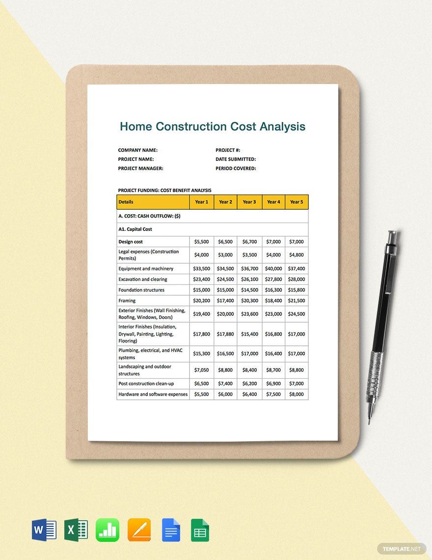 Home Construction Cost Analysis Template