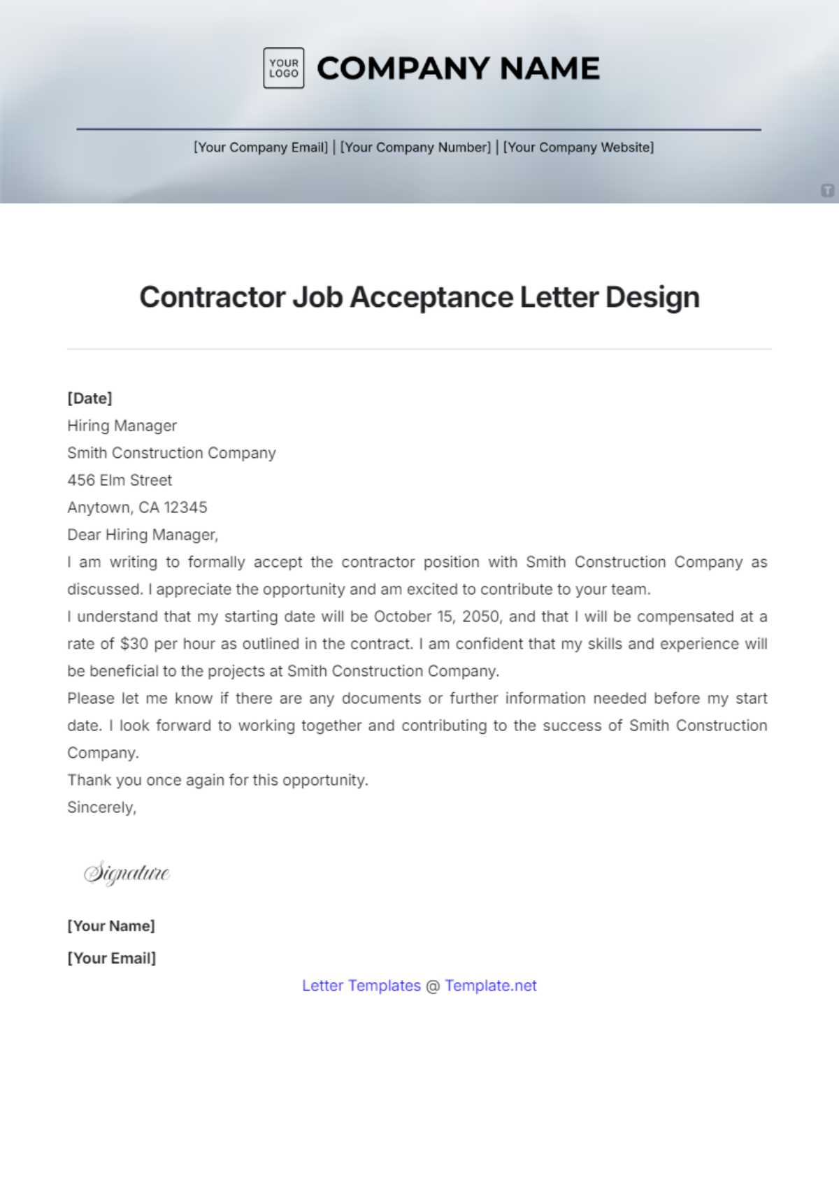 Contractor Job Acceptance Letter Design Template - Edit Online & Download