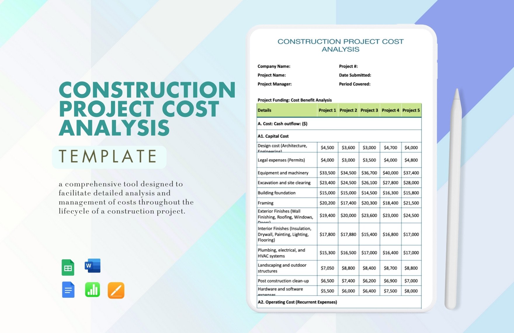 Construction Project Cost Analysis Template in Word, Google Docs, Google Sheets, Apple Pages, Apple Numbers