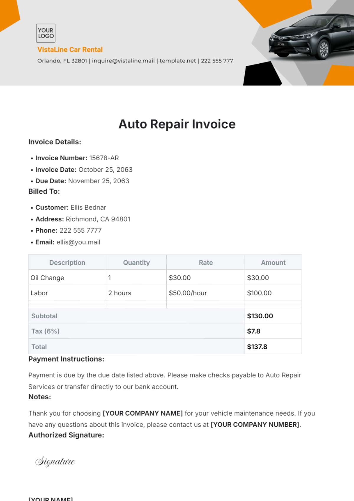 Auto Repair Invoice Template - Edit Online & Download