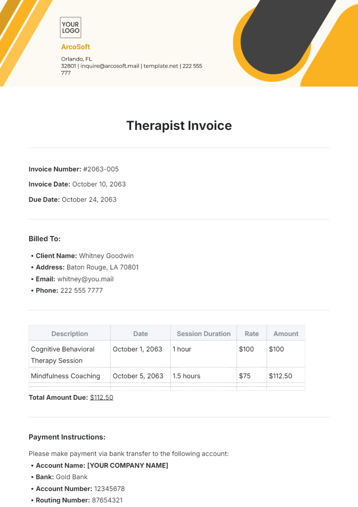 Therapist Invoice Template - Edit Online & Download