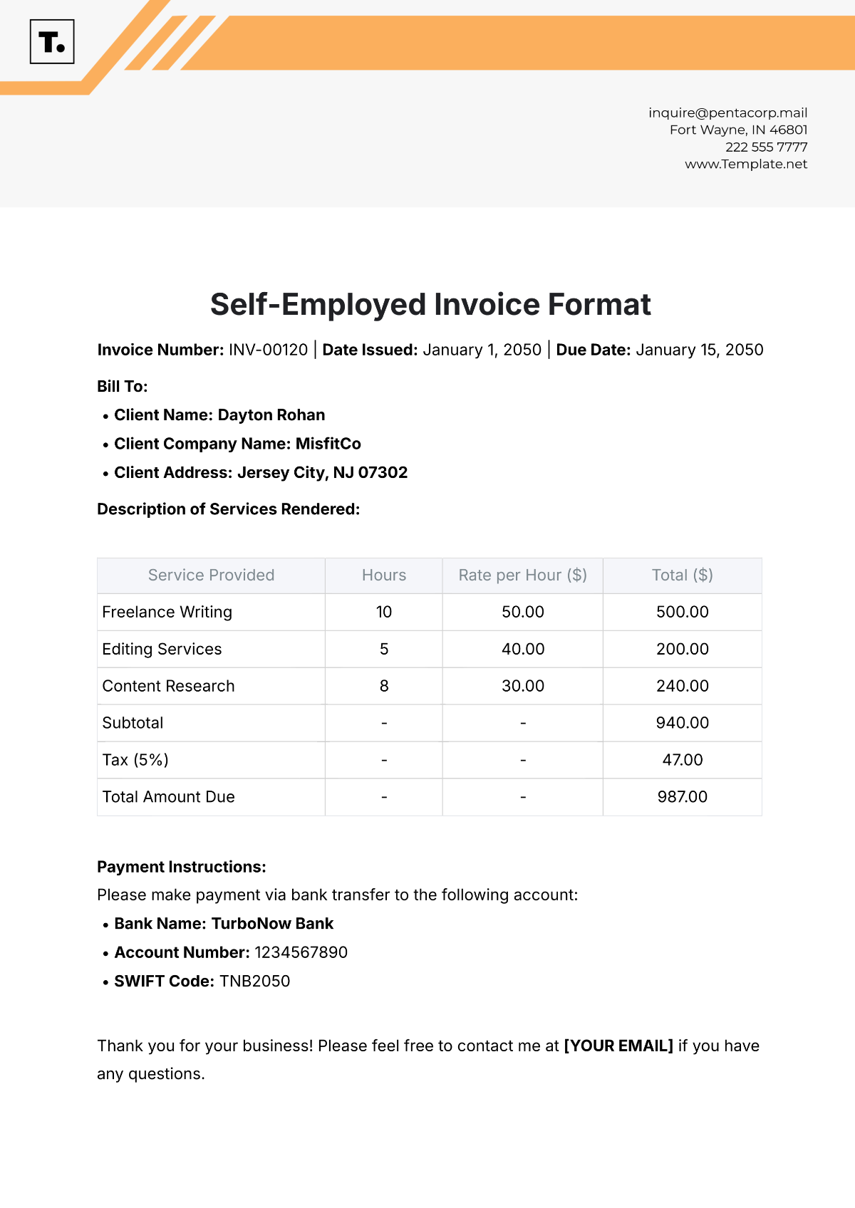 Self-Employed Invoice Format Template - Edit Online & Download