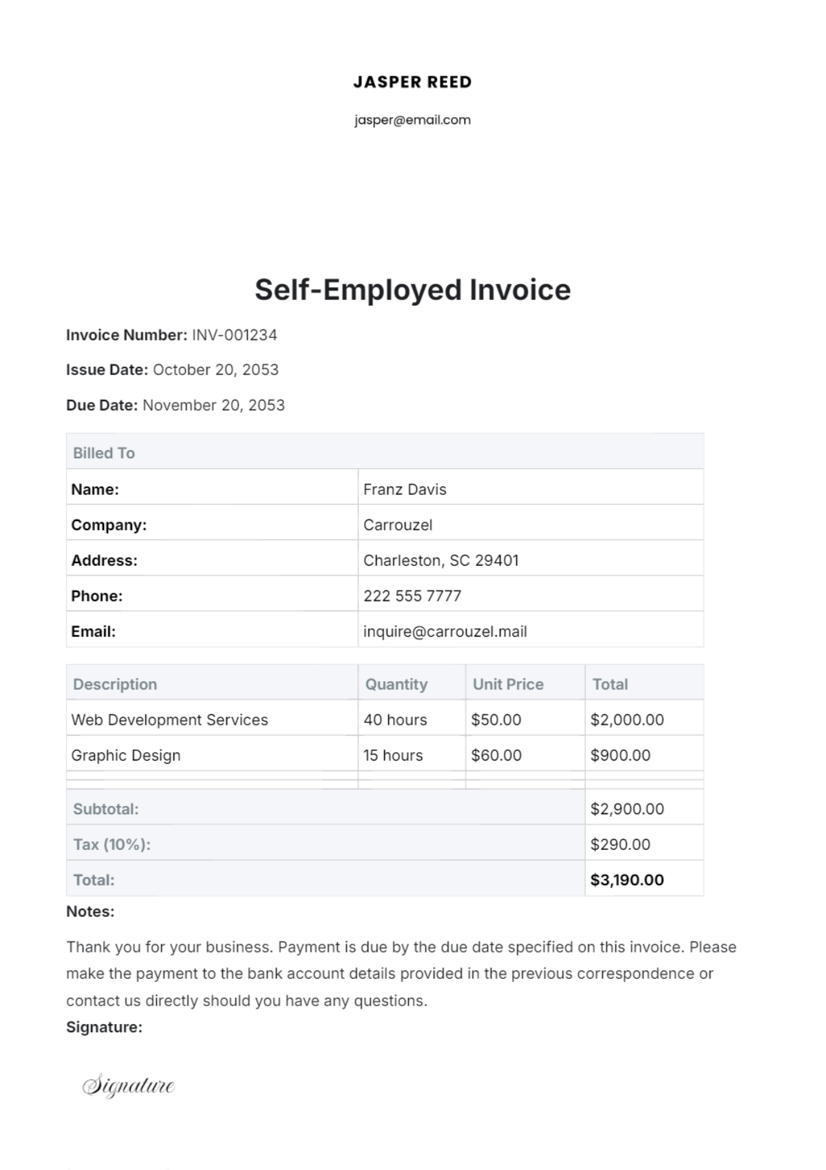 Self-Employed Invoice Template - Edit Online & Download