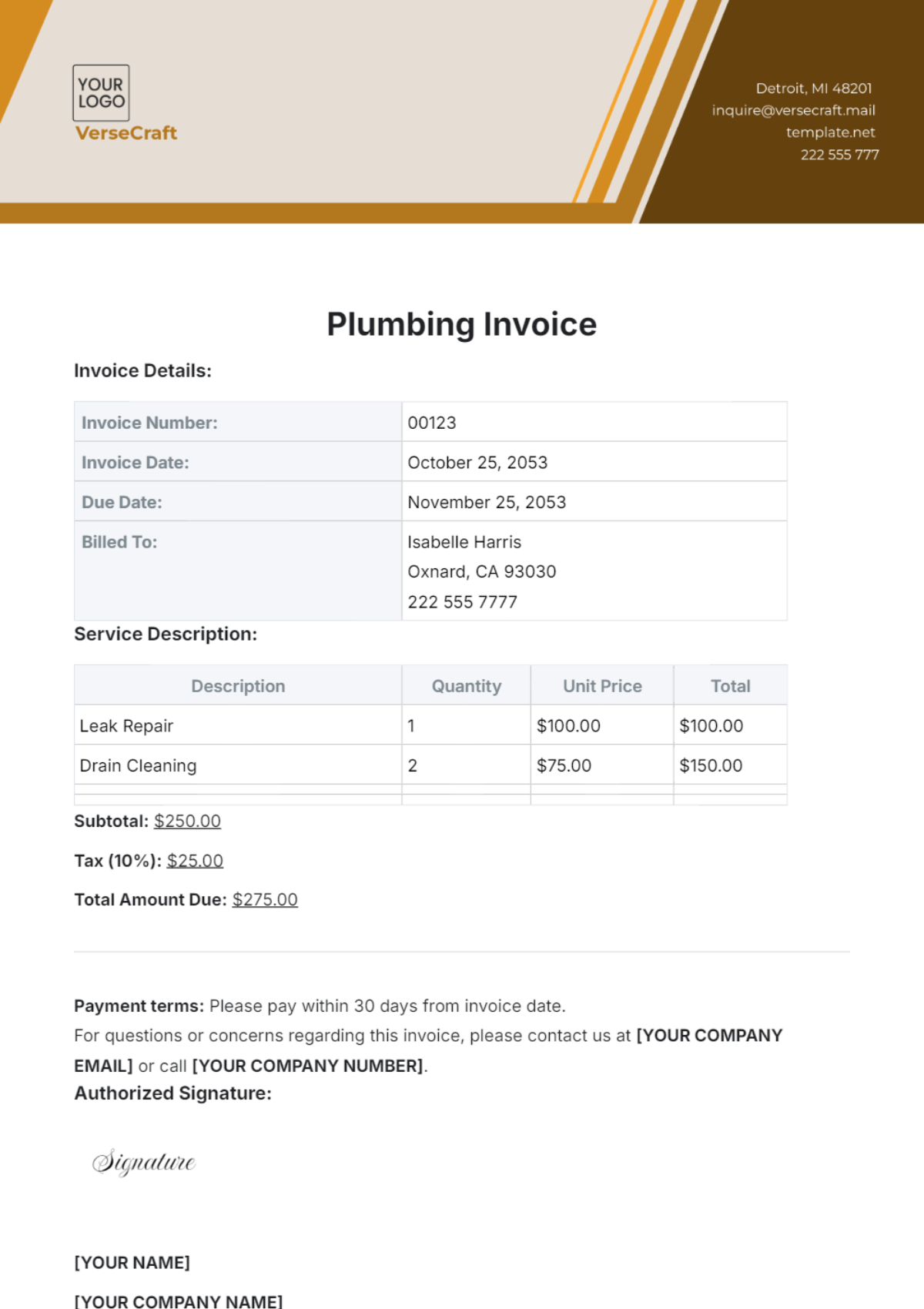 Plumbing Invoice Template - Edit Online & Download