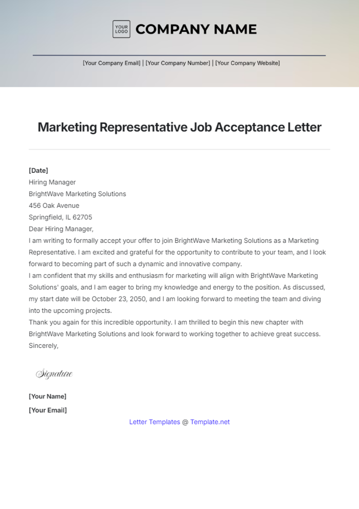 Marketing Representative Job Acceptance Letter Template - Edit Online & Download