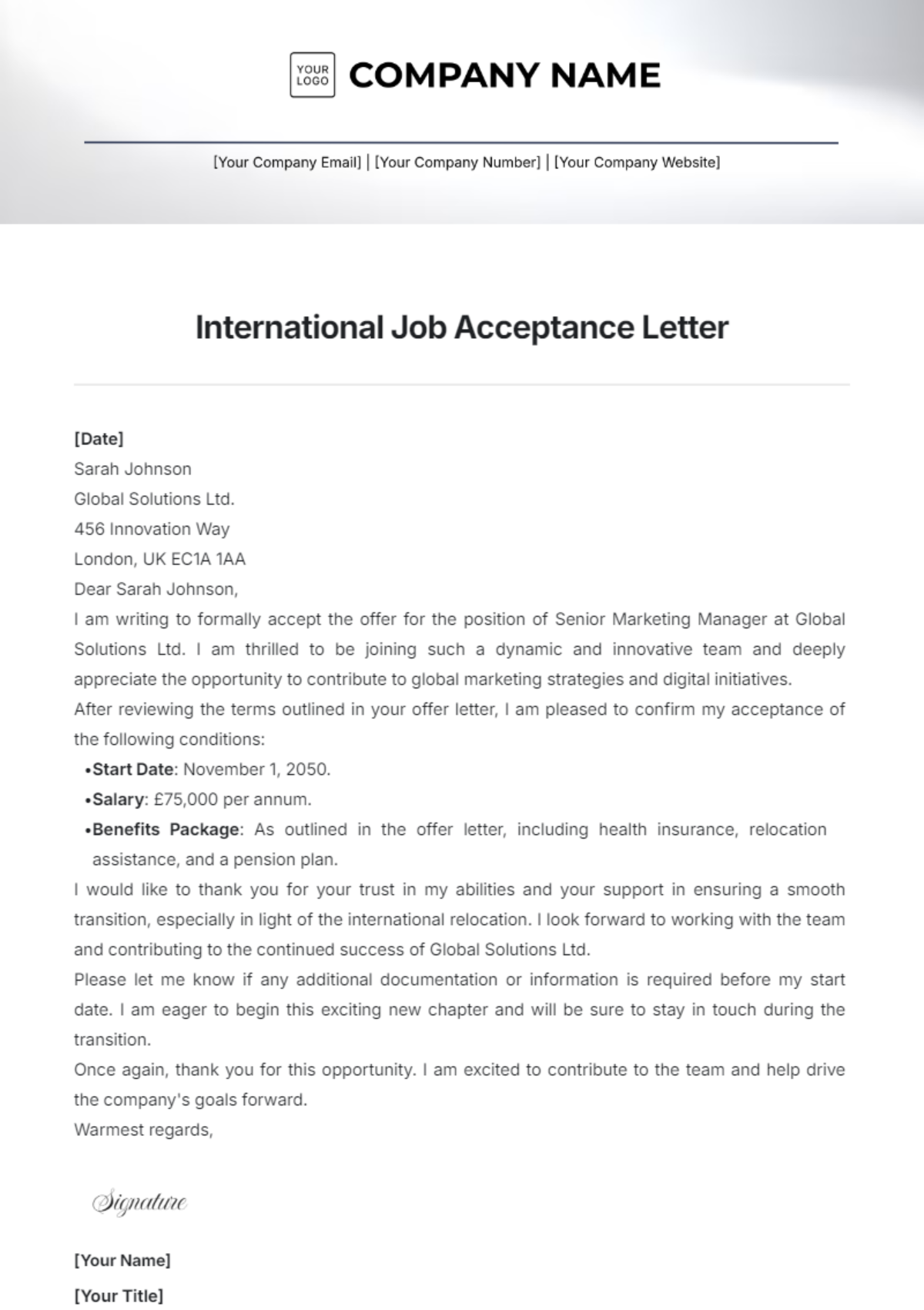 International Job Acceptance Letter Template - Edit Online & Download