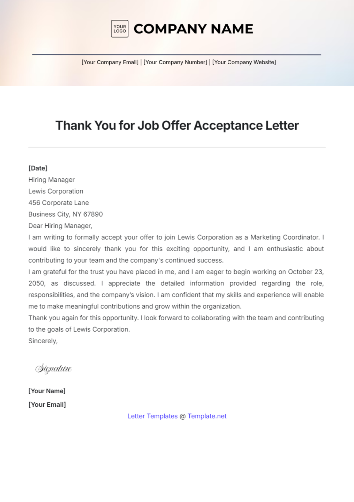 Thank You for Job Offer Acceptance Letter Template - Edit Online & Download