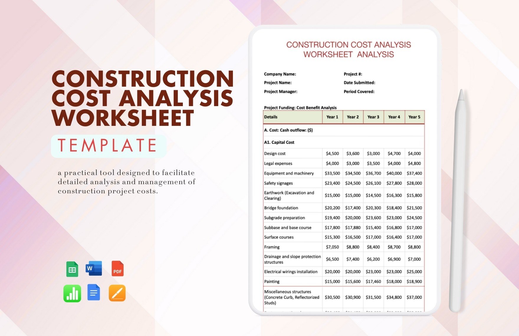 Construction Cost Analysis Worksheet Template in Word, Google Docs, Google Sheets, Apple Pages, Apple Numbers