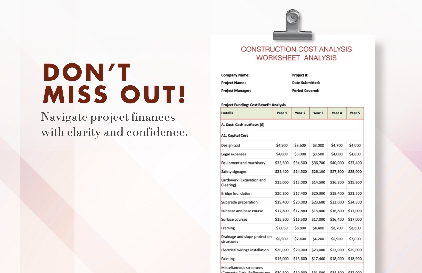 Construction Cost Analysis Worksheet Template