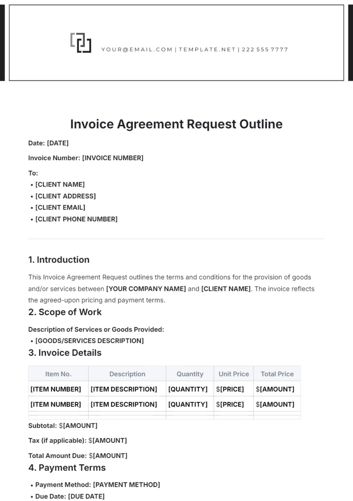 Invoice Agreement Request Outline Template - Edit Online & Download