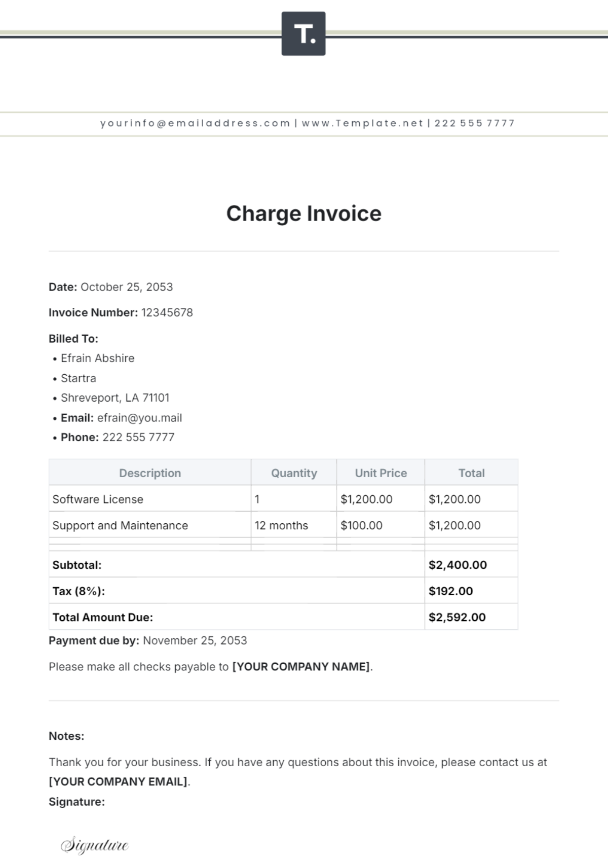 Charge Invoice Template - Edit Online & Download