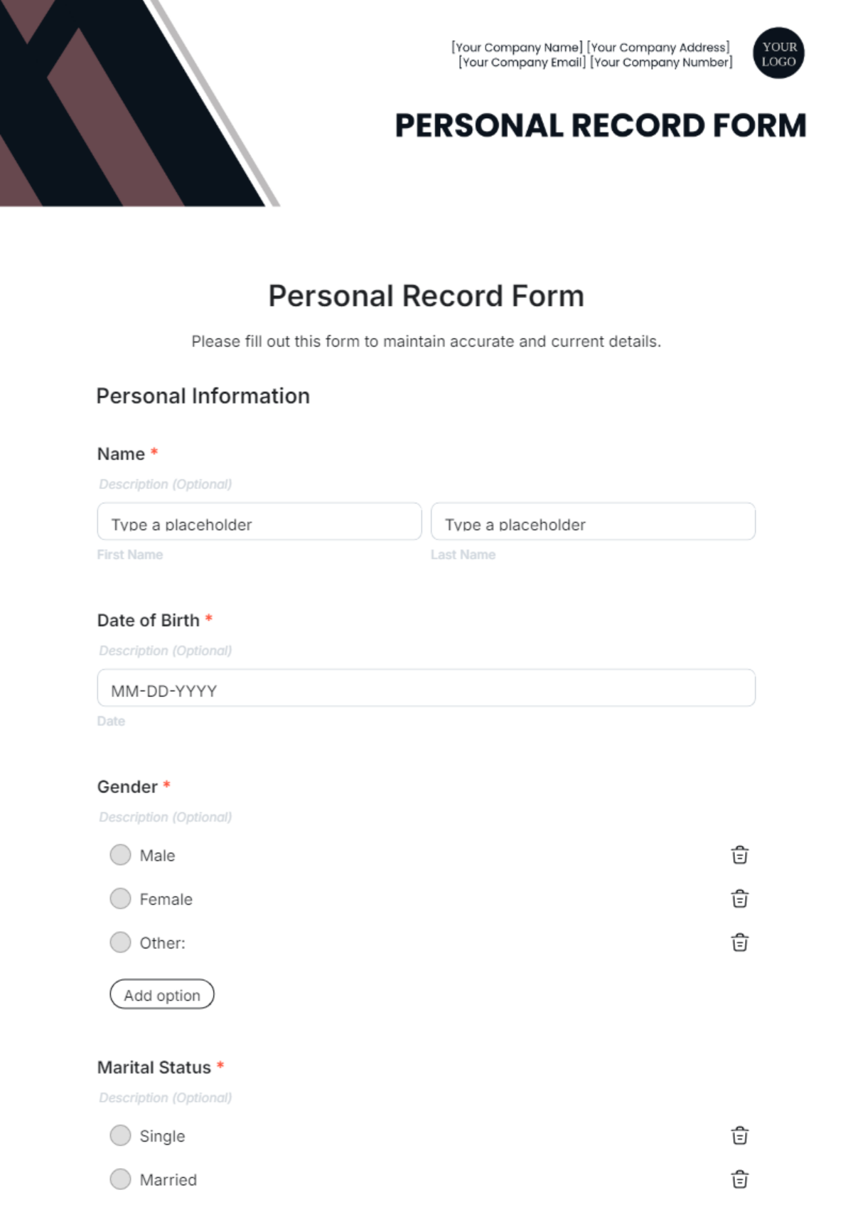 Personal Record Form Template - Edit Online & Download