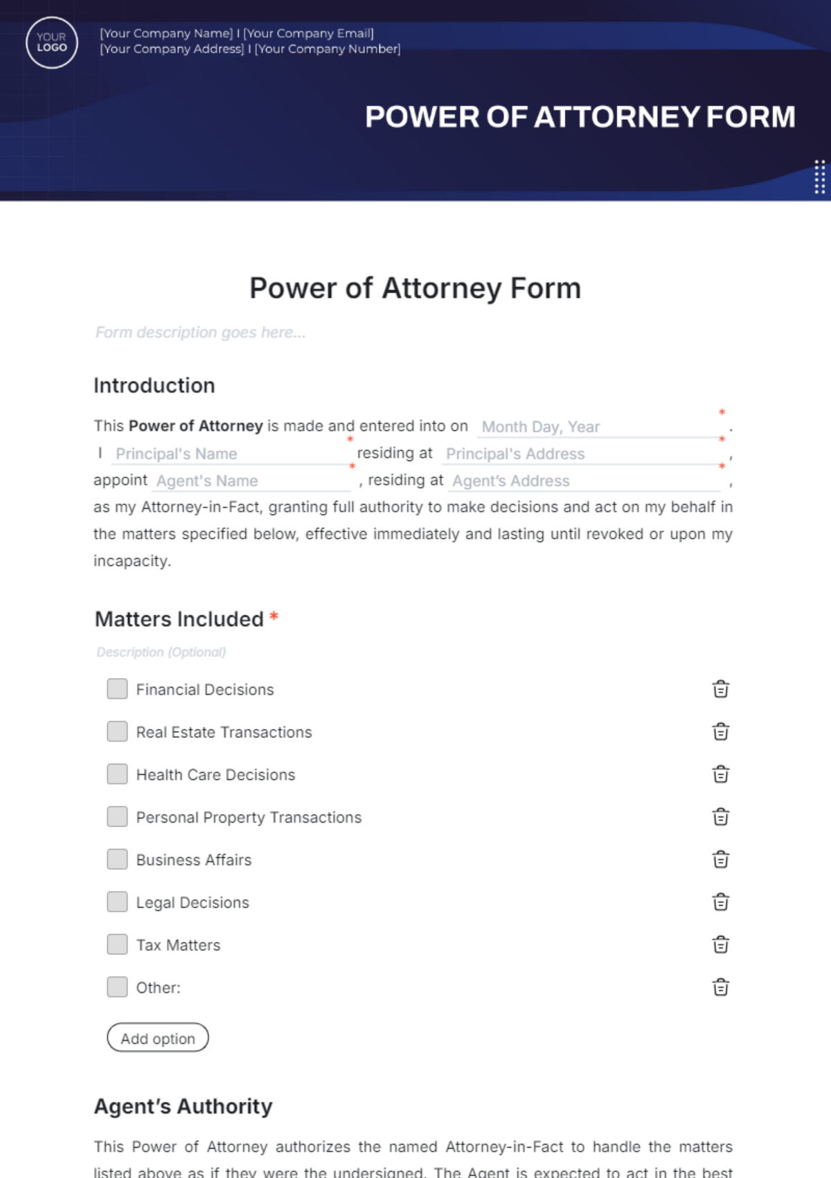 Power of Attorney Form Template - Edit Online & Download