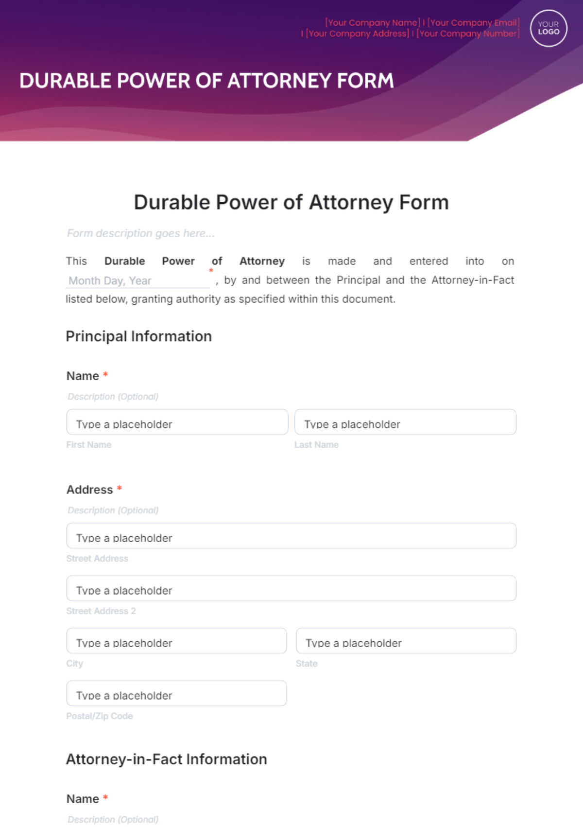 Durable Power of Attorney Form Template - Edit Online & Download