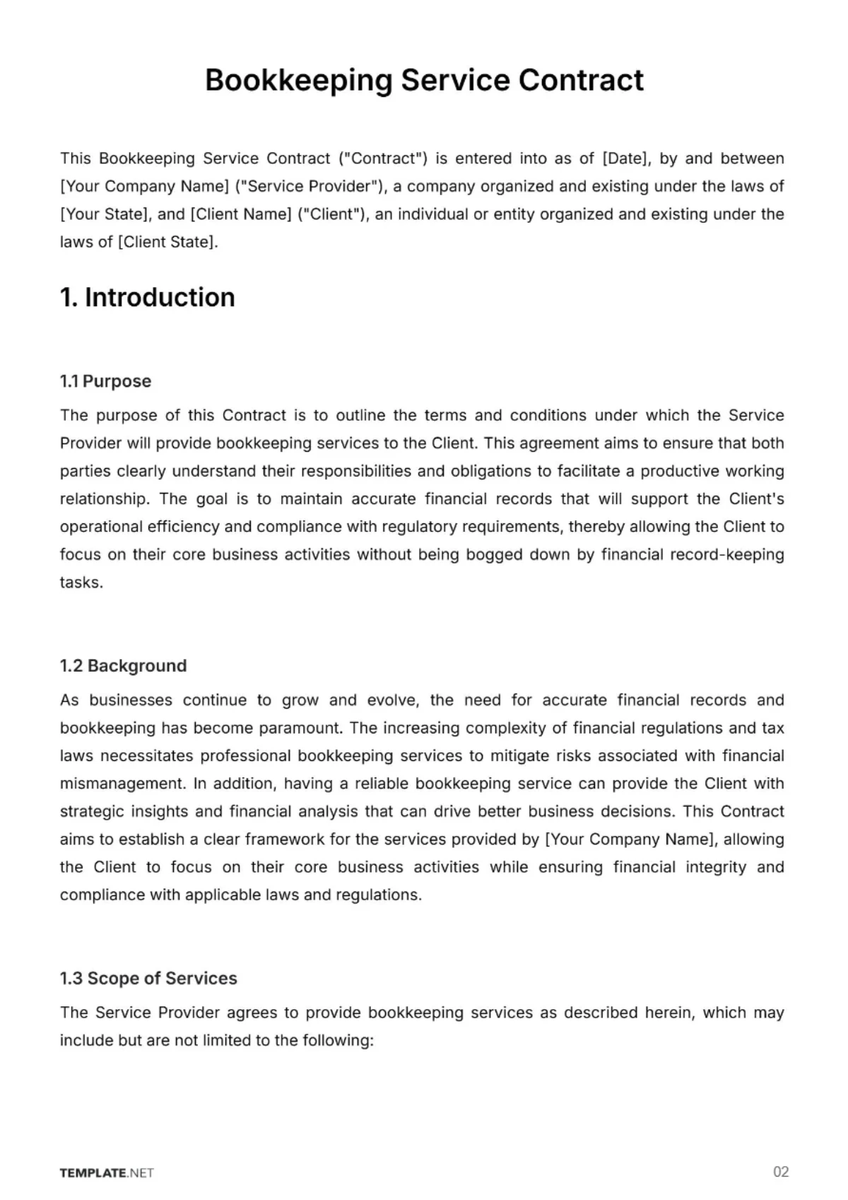 Free Bookkeeping Service Contract Template to Edit Online