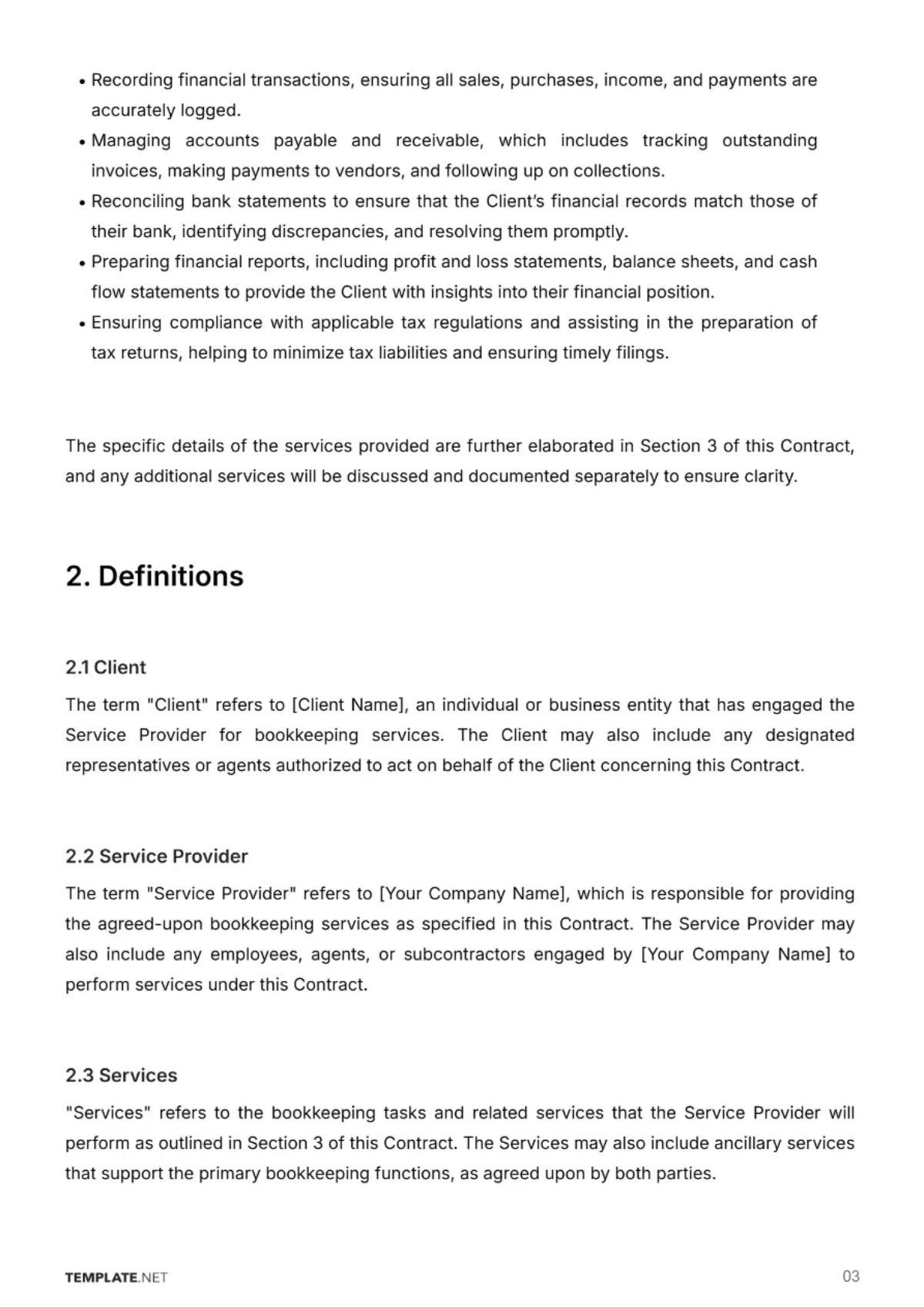 Free Bookkeeping Service Contract Template to Edit Online