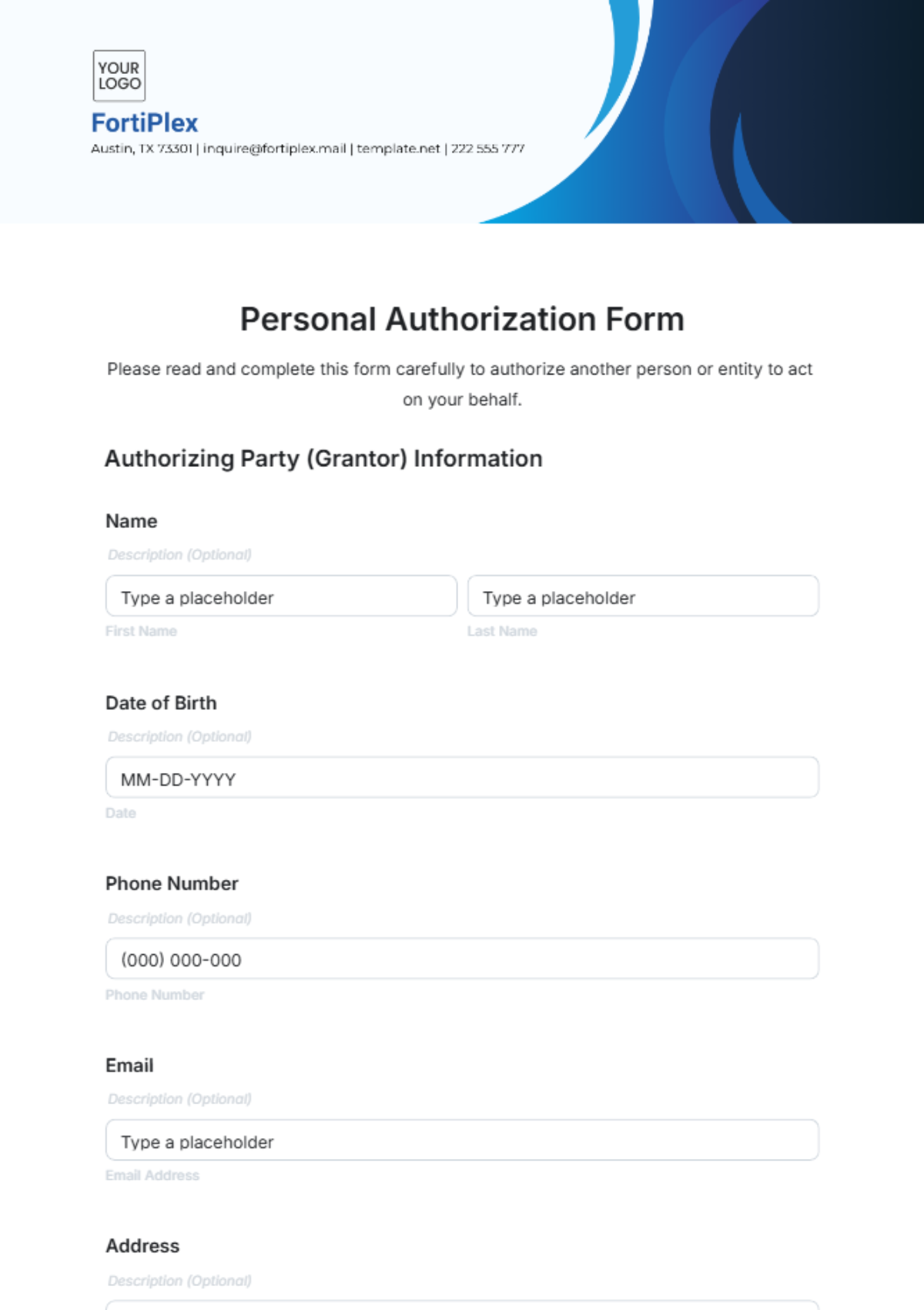 Personal Authorization Form Template - Edit Online & Download