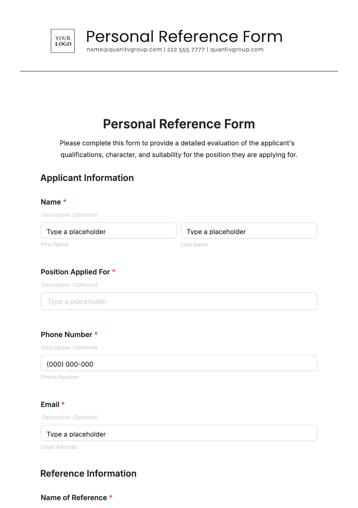 Personal Reference Form Template - Edit Online & Download