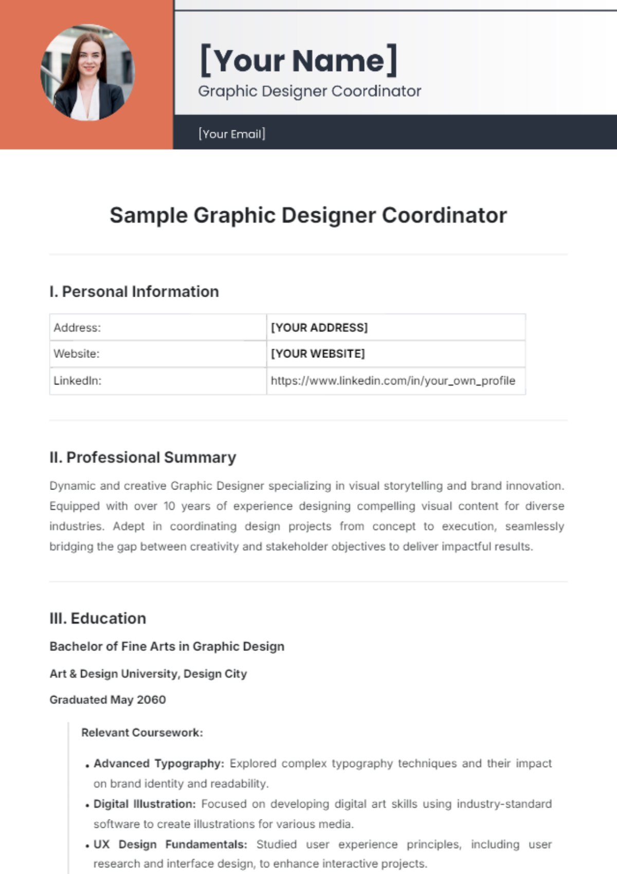 Sample Graphic Designer Coordinator Resume Template - Edit Online & Download